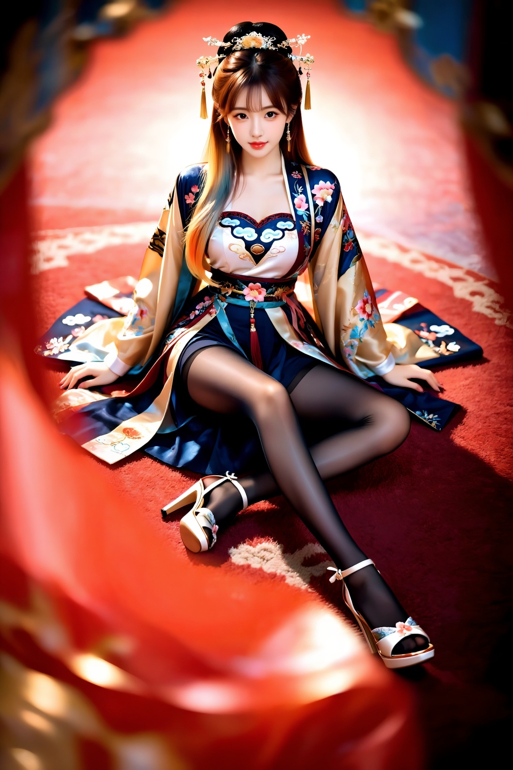 A girl sits cross-legged on a carpet,  facing the viewer. Her legs are naturally bent and crossed in front of her,  her bu...