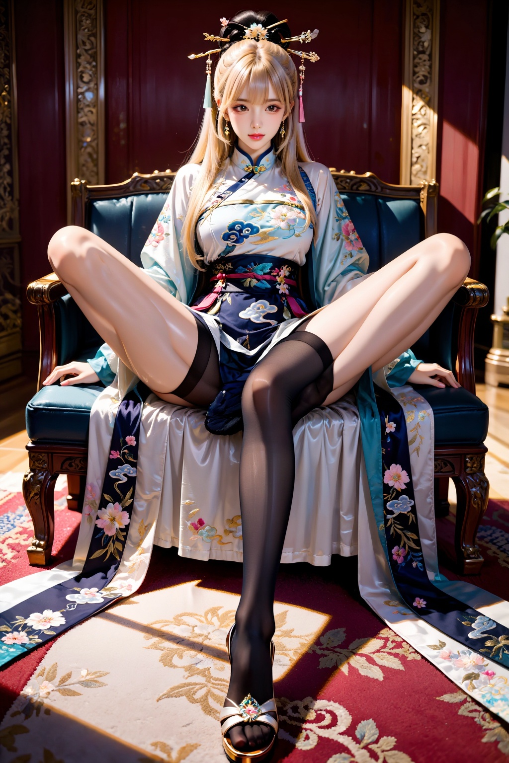 A girl sits fully on a wide chair,  her legs folded on the seat in a relaxed,  cross-legged sitting pose. Both knees are b...