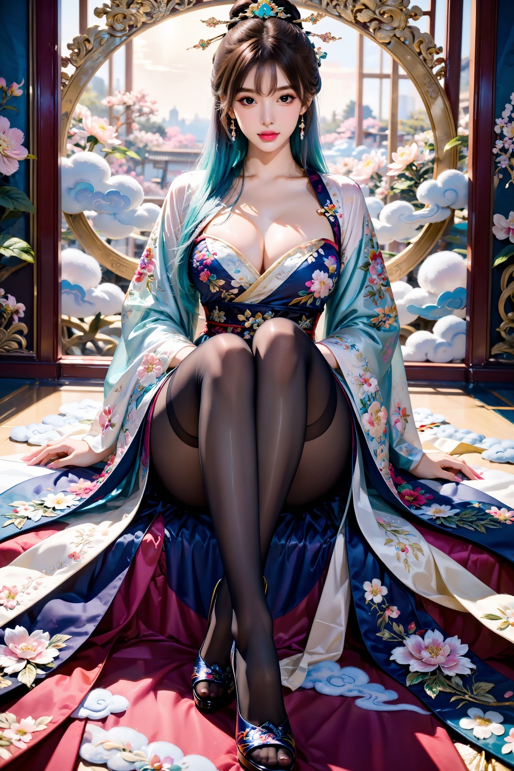 A girl,  facing the audience,  sits cross-legged on Tensor.Art