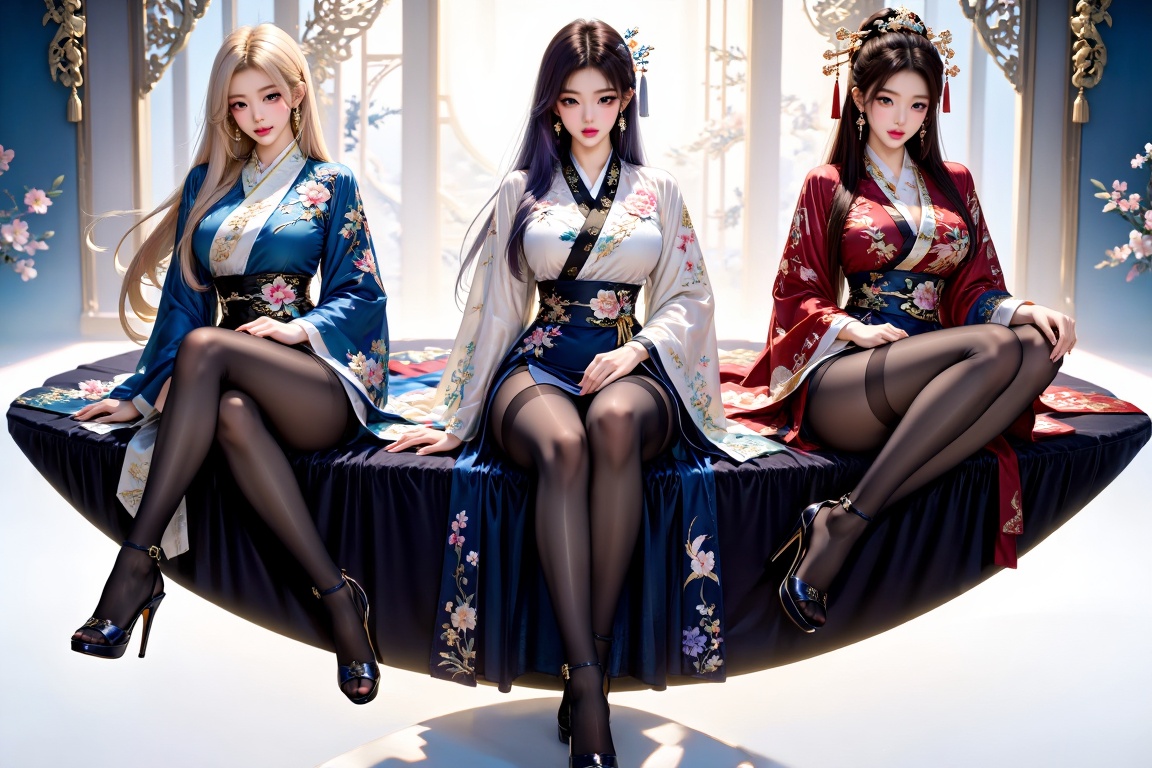 Three girls,  facing the audience,  sit cross-legged on Tensor.Art