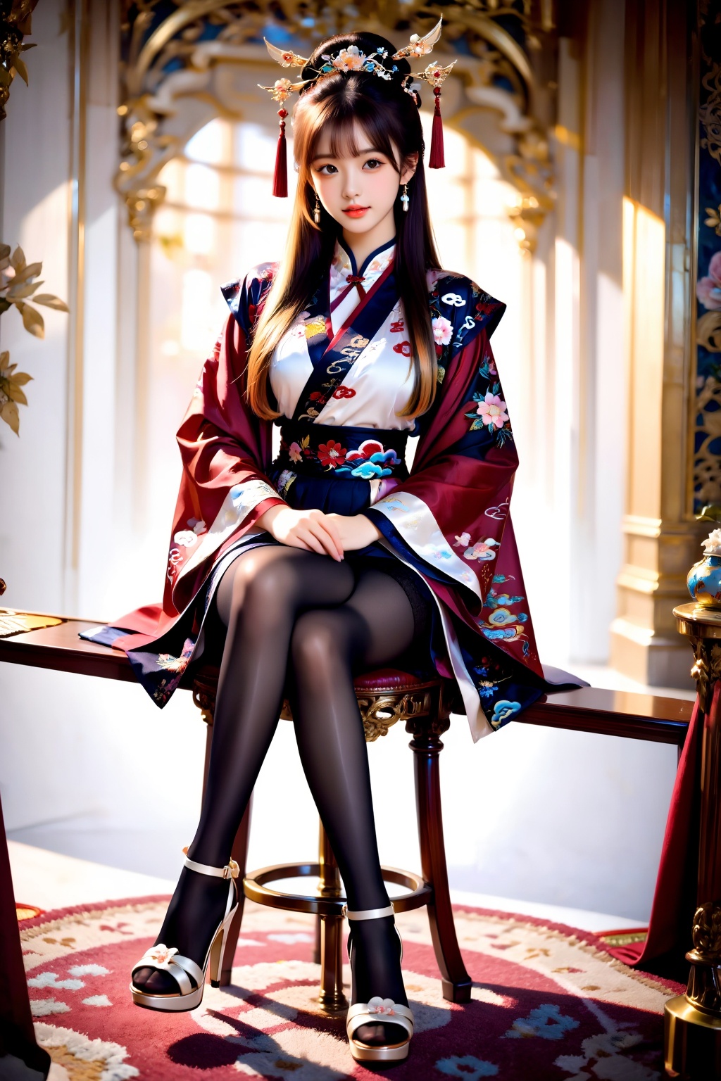 A girl sits facing the viewer on a carpet,  her knees naturally bent and raised close to her body,  legs together on Tenso...
