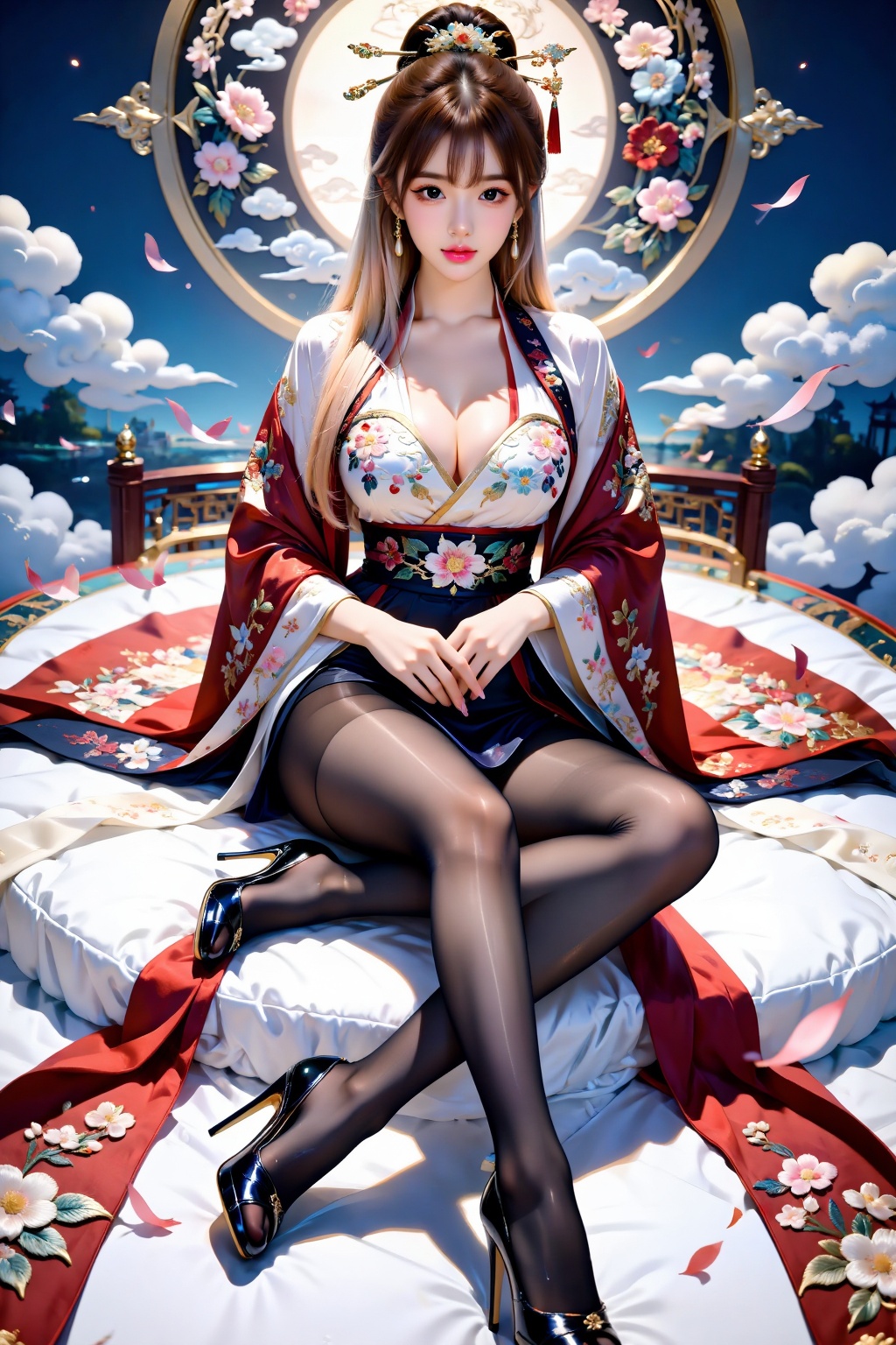 A girl,  facing the audience,  sits cross-legged on Tensor.Art