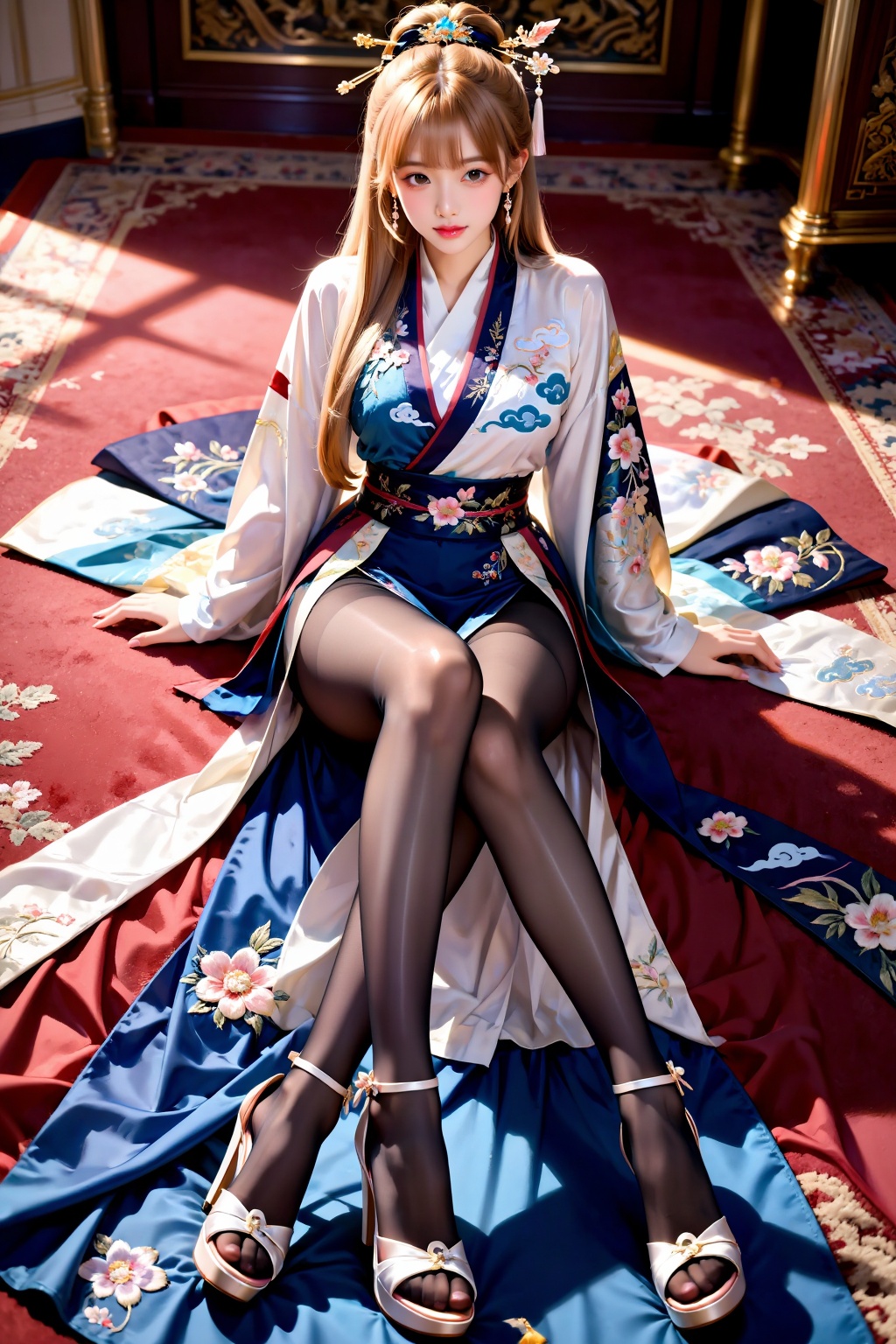 A girl sits cross-legged on a carpet,  facing the viewer. Her legs are naturally bent and crossed in front of her,  her bu...