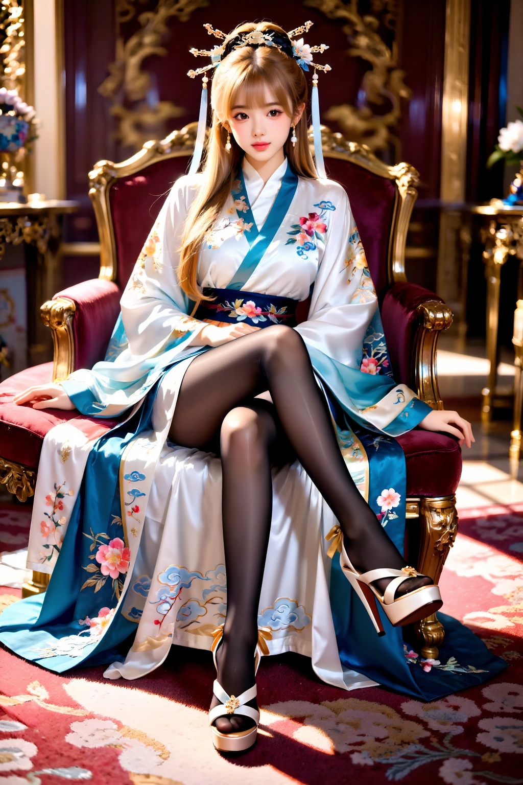 A girl sits fully on a wide chair,  her legs folded on the seat in a relaxed,  cross-legged sitting pose. Both knees are b...