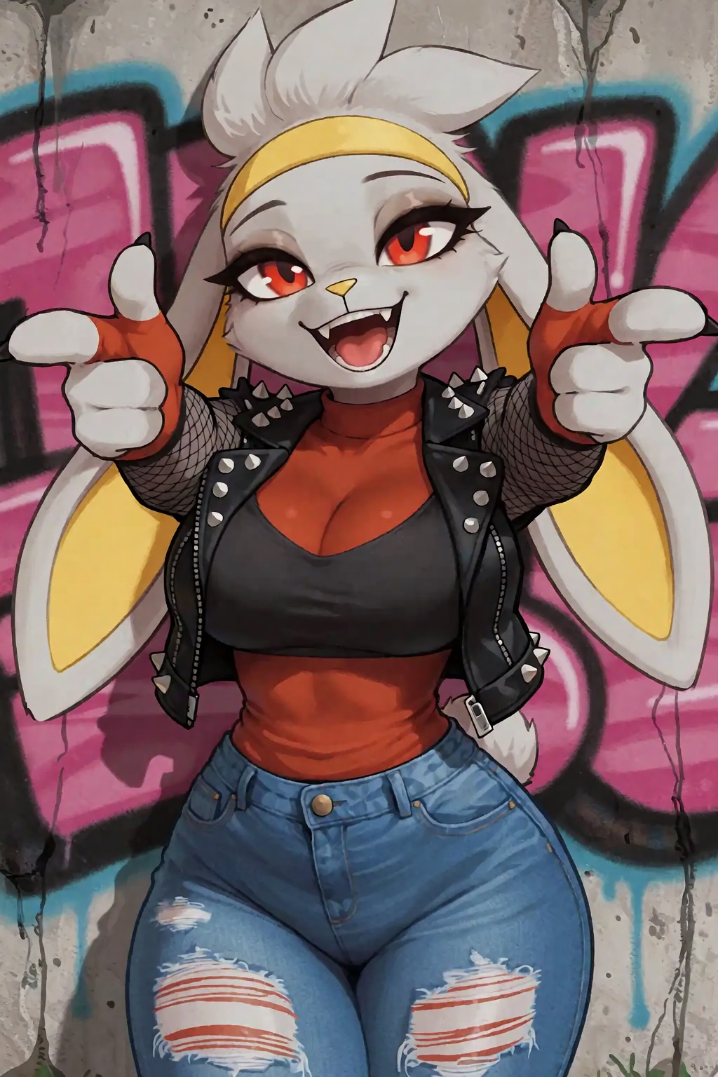 A cheerful Anthro Furry Raboot Having Pale Grey Fur And Red Eyes dressed in a studded vest,  fishnet sleeves,  and torn je...
