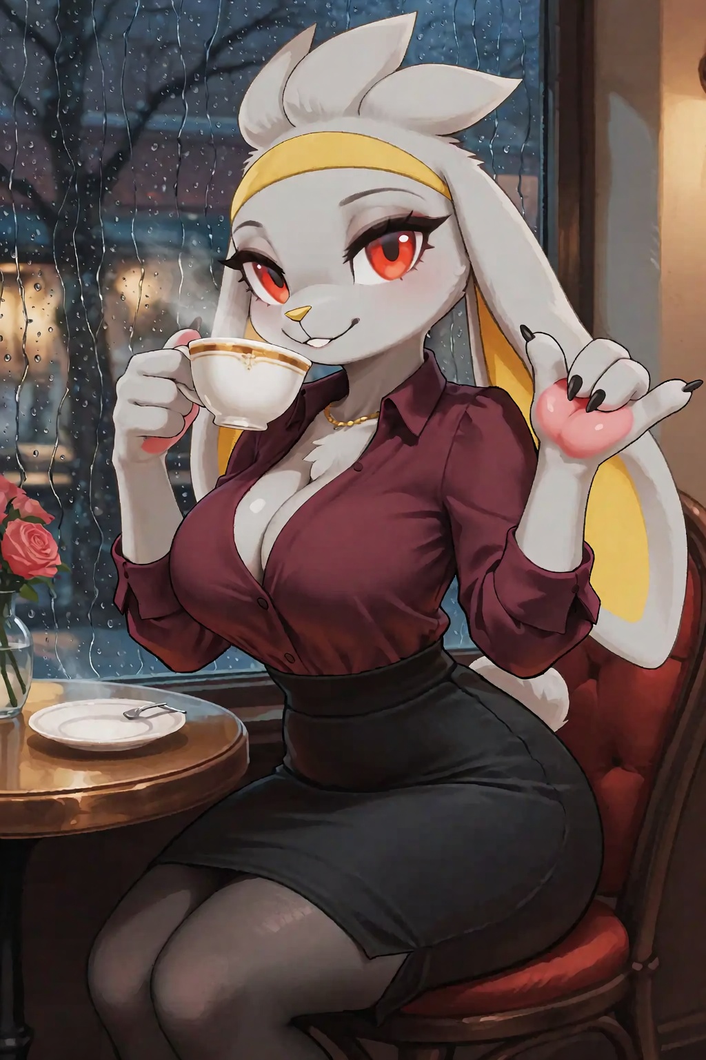 A cheerful Anthro Furry Raboot Having Pale Grey Fur And Red Eyes wearing an elegant burgundy blouse with rolled sleeves an...