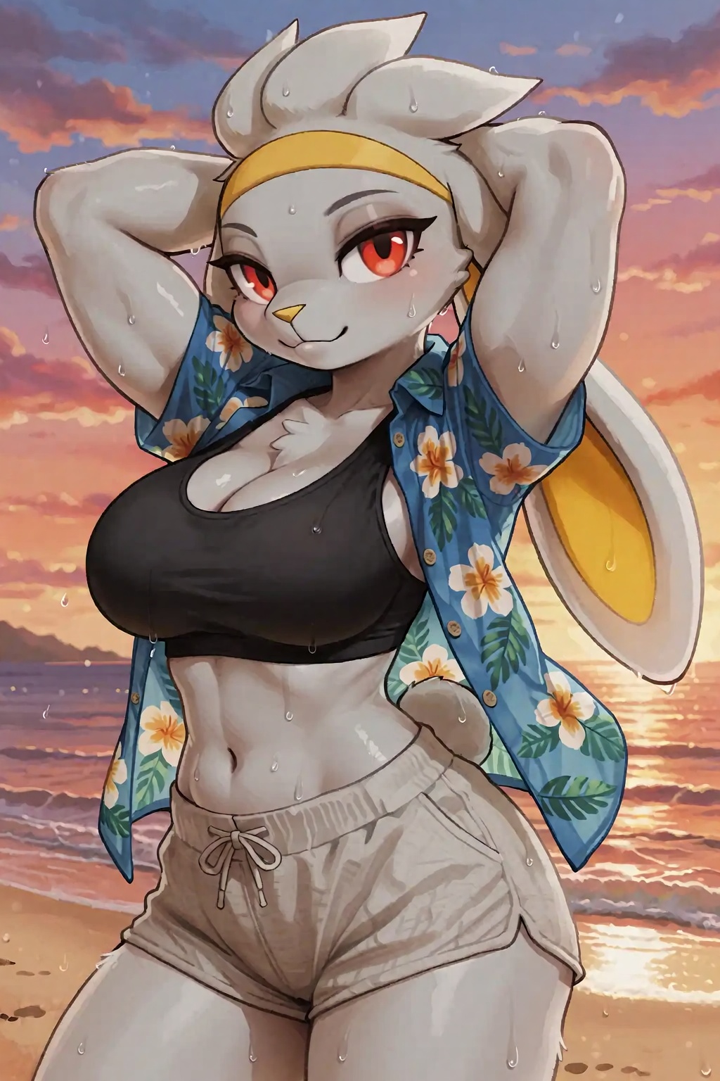 A cheerful Anthro Furry Raboot Having Pale Grey Fur And Red Eyes And Huge Muscles wearing a Hawaiian shirt unbuttoned over...