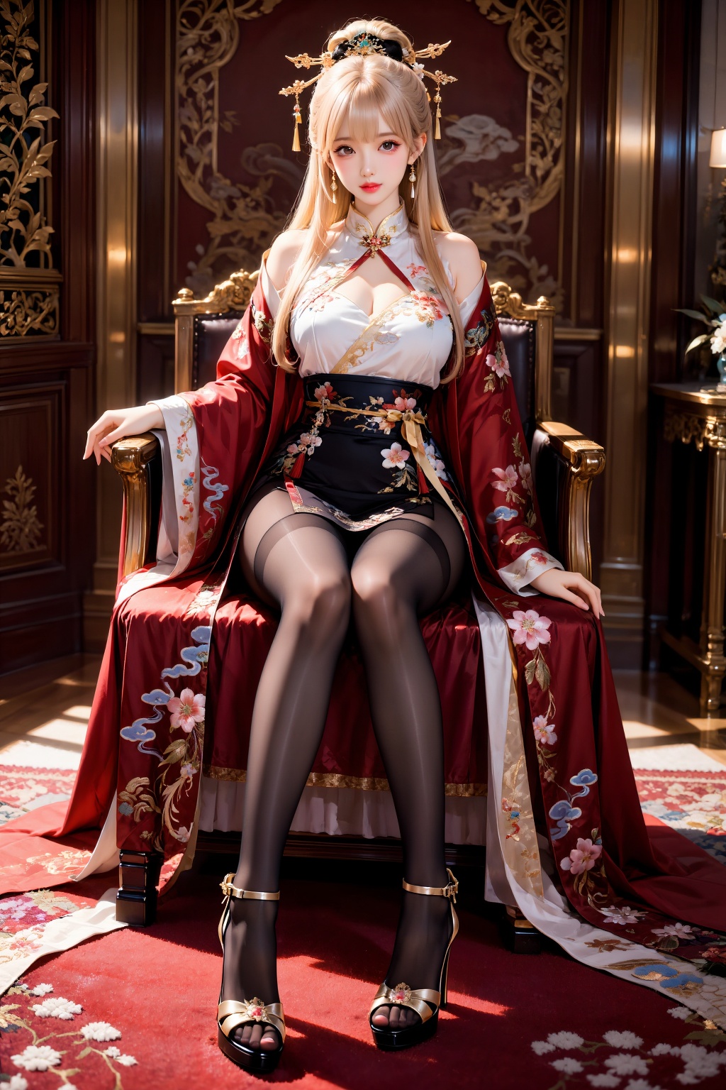 A girl is sitting fully on a wide chair,  both feet on the seat,  knees bent and raised naturally in front of her torso on...