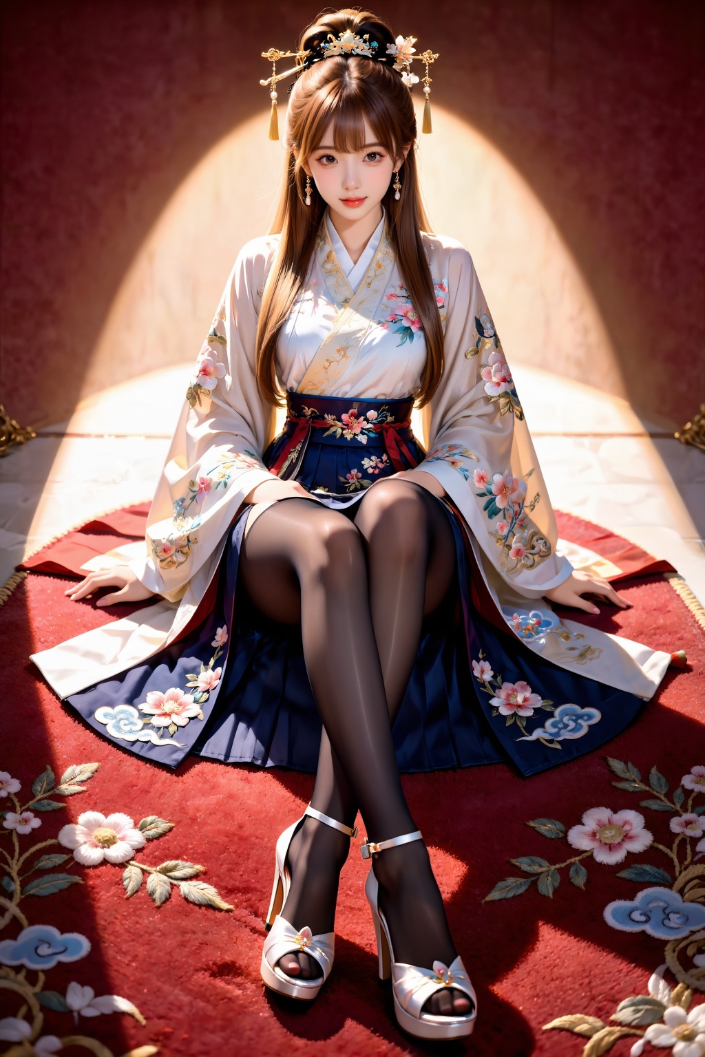 A girl sits cross-legged on a carpet,  facing the viewer. Her legs are naturally bent and crossed in front of her,  her bu...