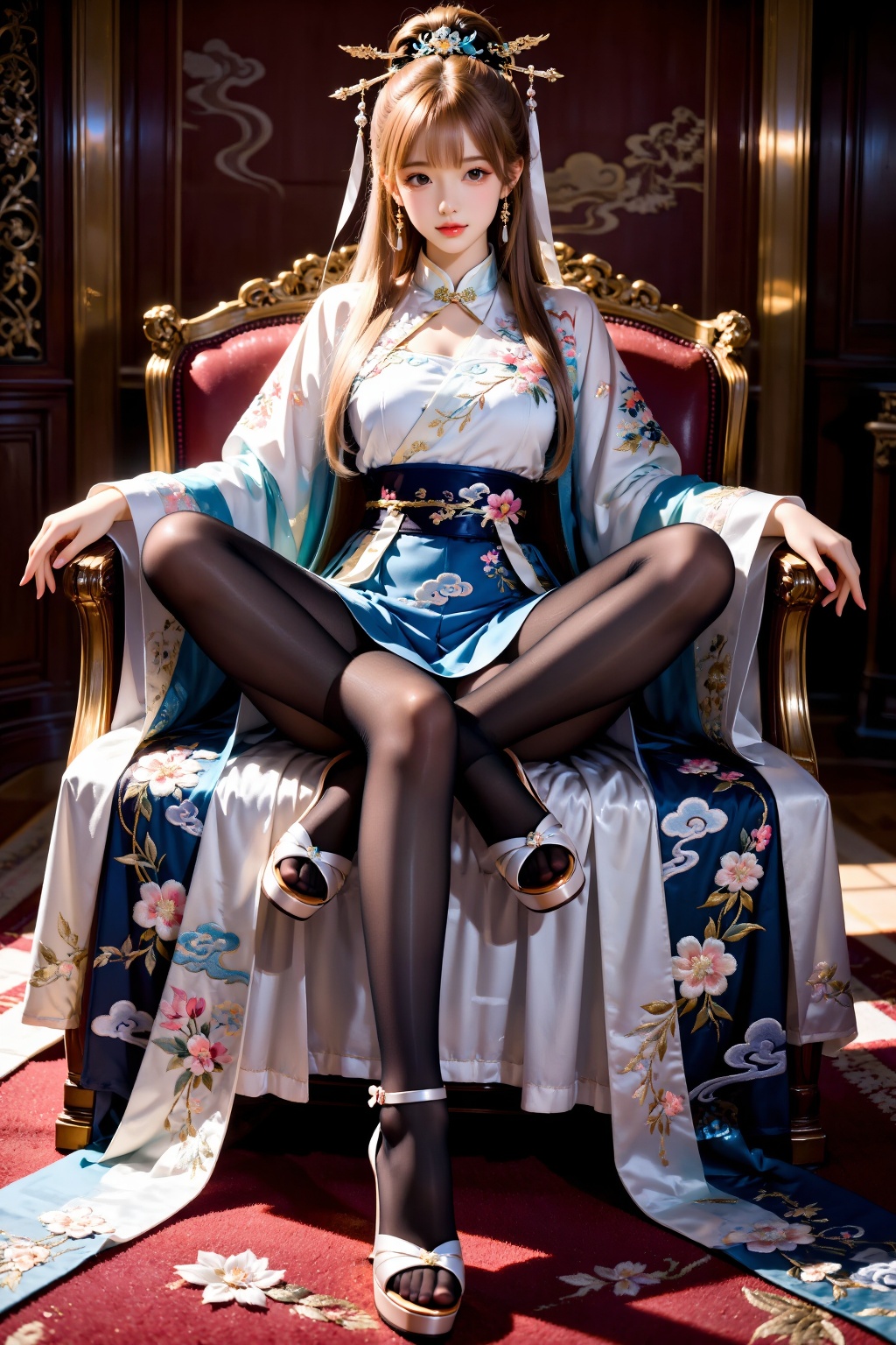 A girl sits fully on a wide chair,  her legs folded on the seat in a relaxed,  cross-legged sitting pose. Both knees are b...