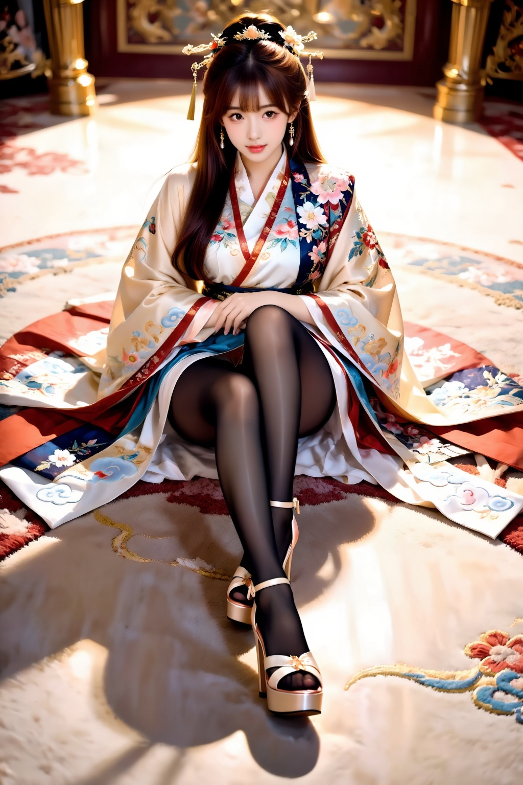 A girl sits facing the viewer on a carpet,  her knees naturally bent and raised close to her body,  legs together on Tenso...