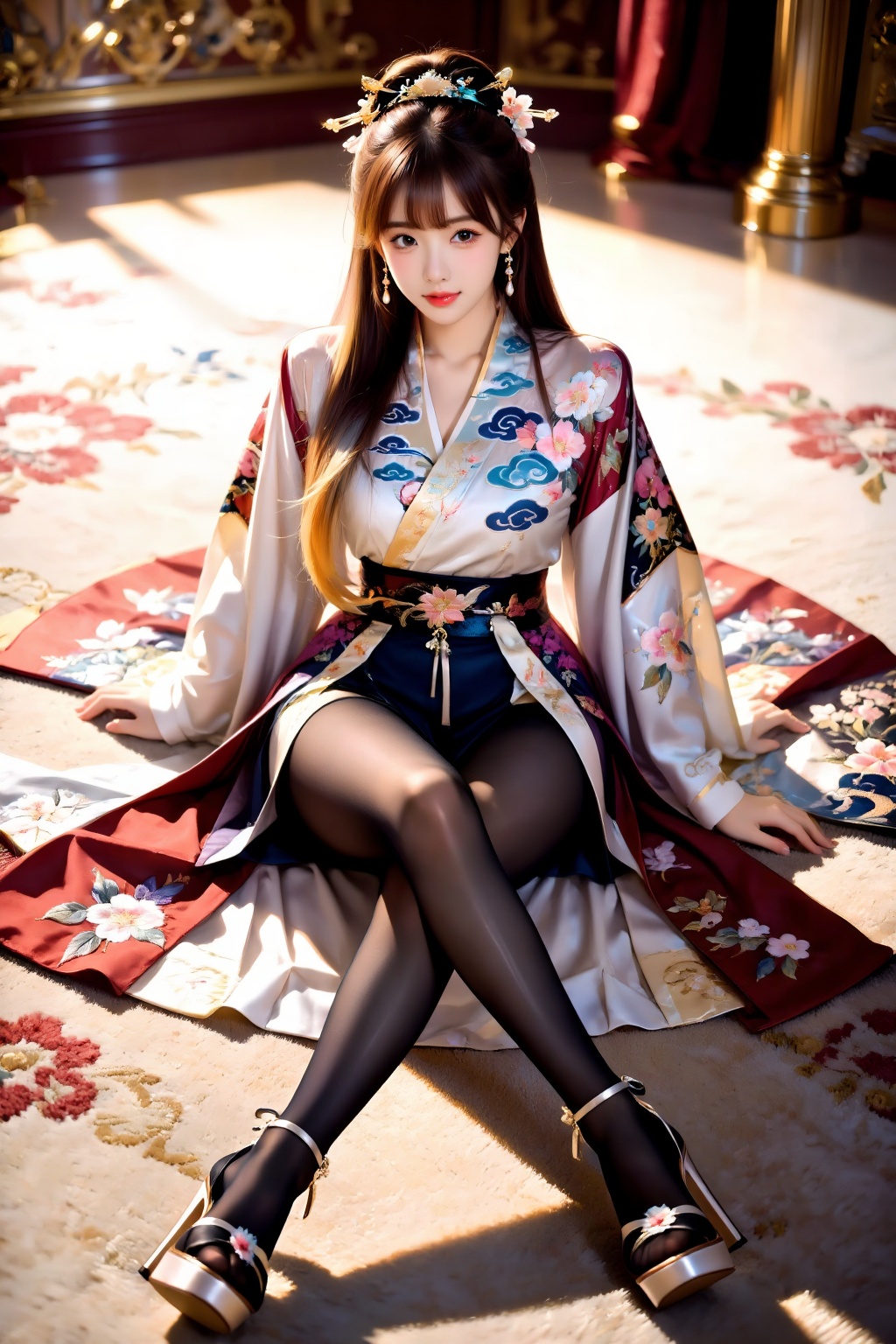A girl sits cross-legged on a carpet,  facing the viewer. Her legs are naturally bent and crossed in front of her,  her bu...