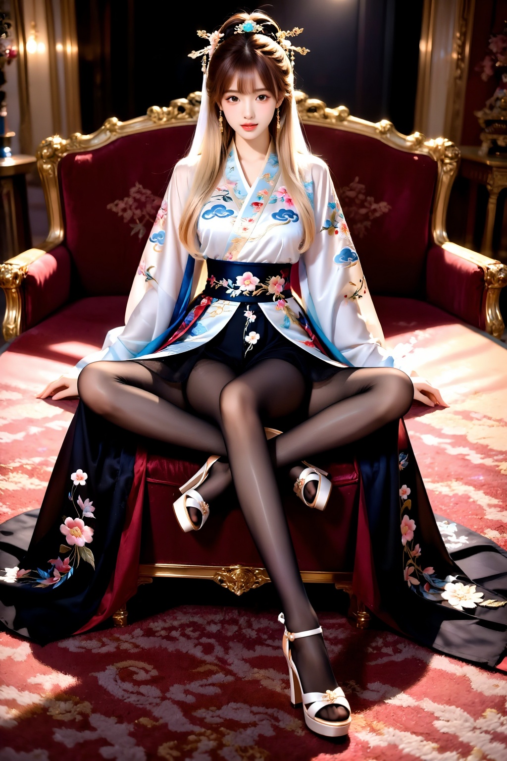 A girl sits fully on a wide chair,  her legs folded on the seat in a relaxed,  cross-legged sitting pose. Both knees are b...