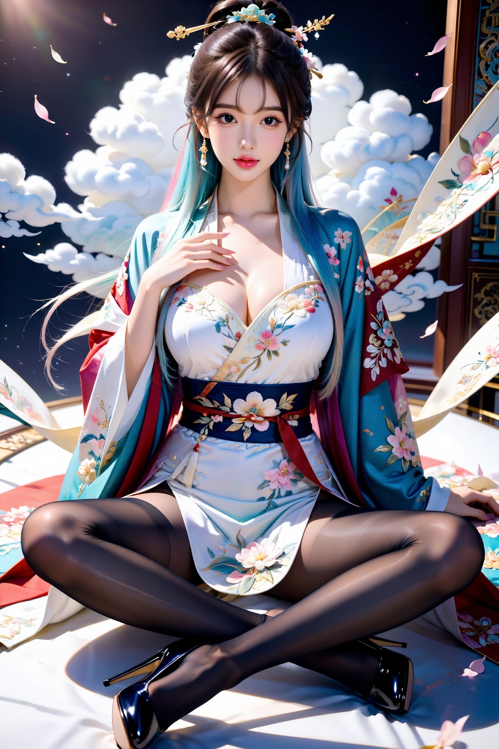 A girl,  facing the audience,  sits cross-legged on Tensor.Art