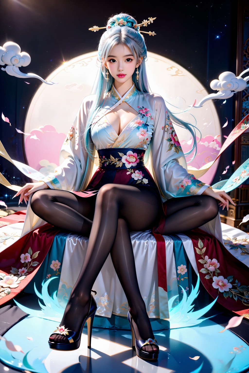 A girl,  facing the audience,  sits cross-legged on Tensor.Art