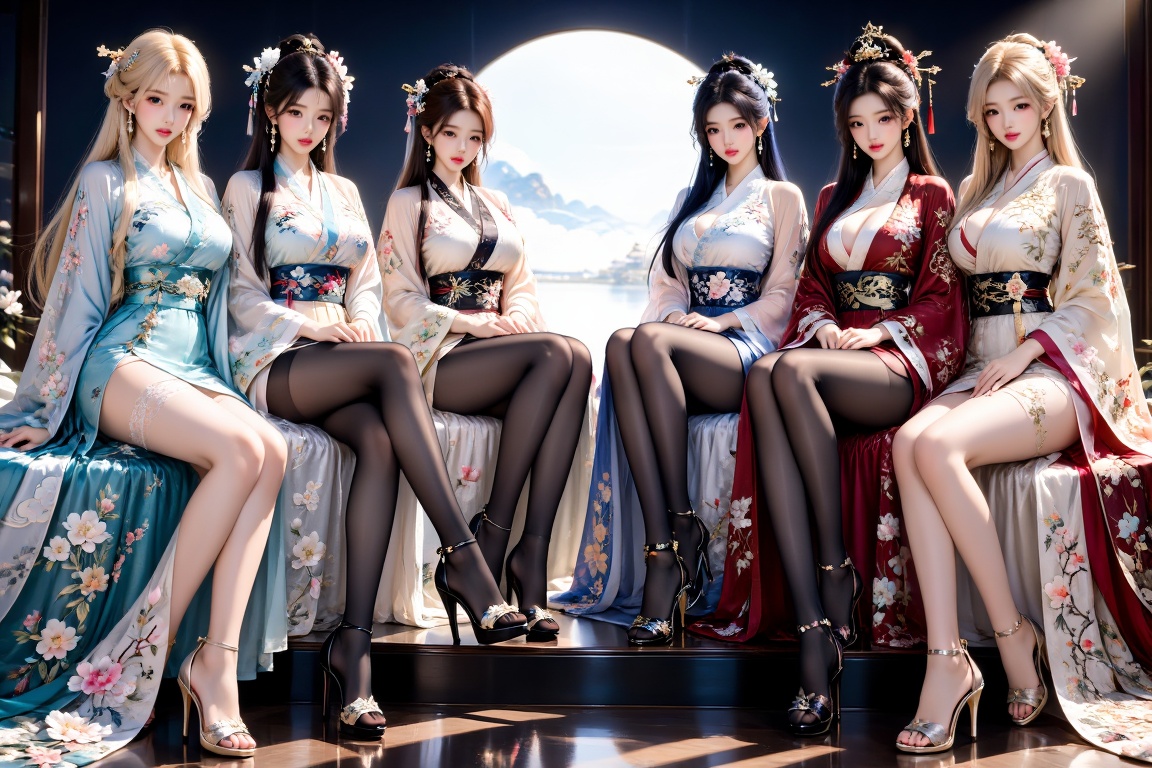 6 girls,  facing the audience,  sit cross-legged on Tensor.Art