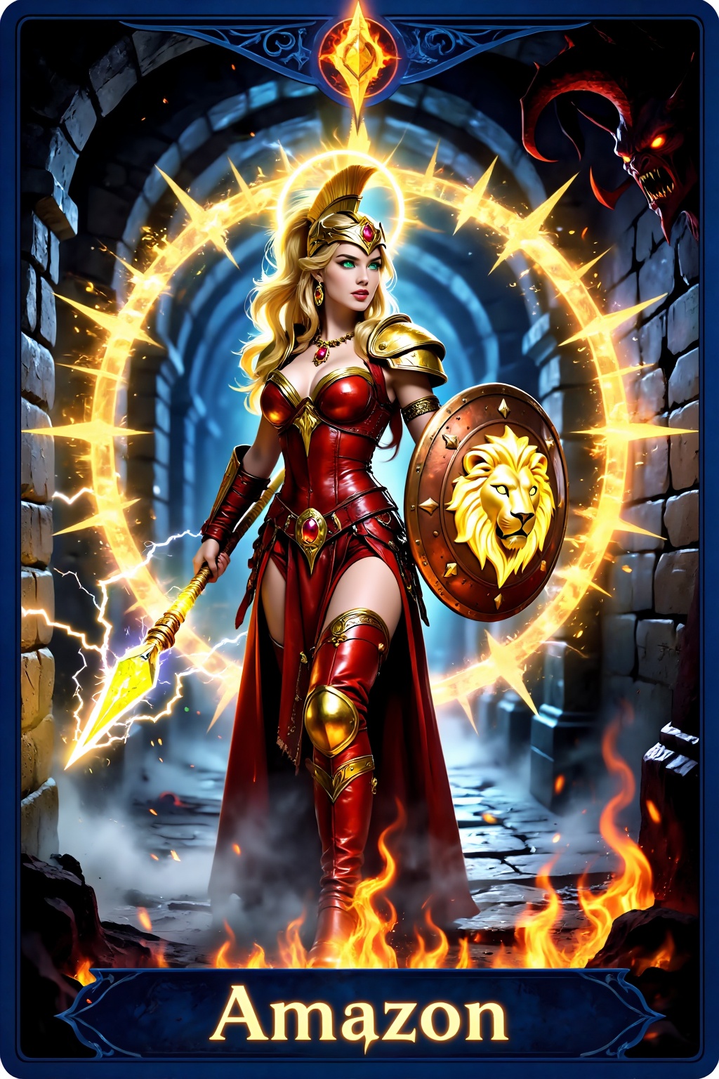 This is a tarot card depicting the Amazons from the classic game Diablo. The word "Amazon" is written at the bottom of the...