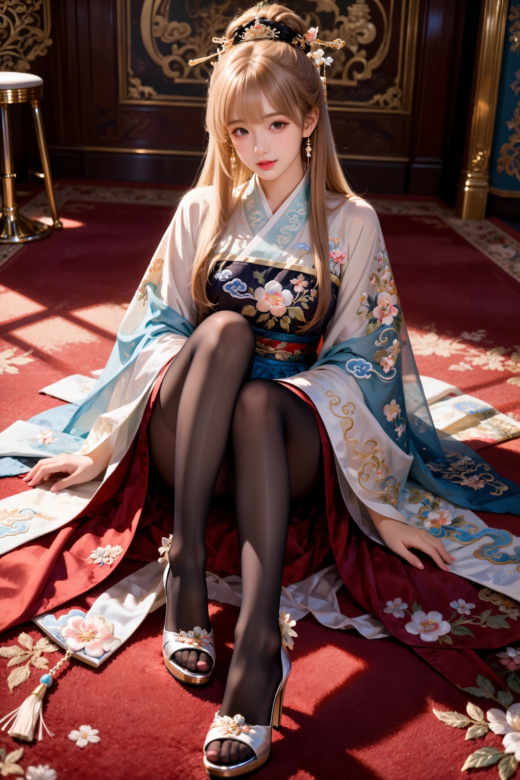 A girl sits facing the viewer on a carpet,  her knees naturally bent and raised close to her body,  legs together on Tenso...