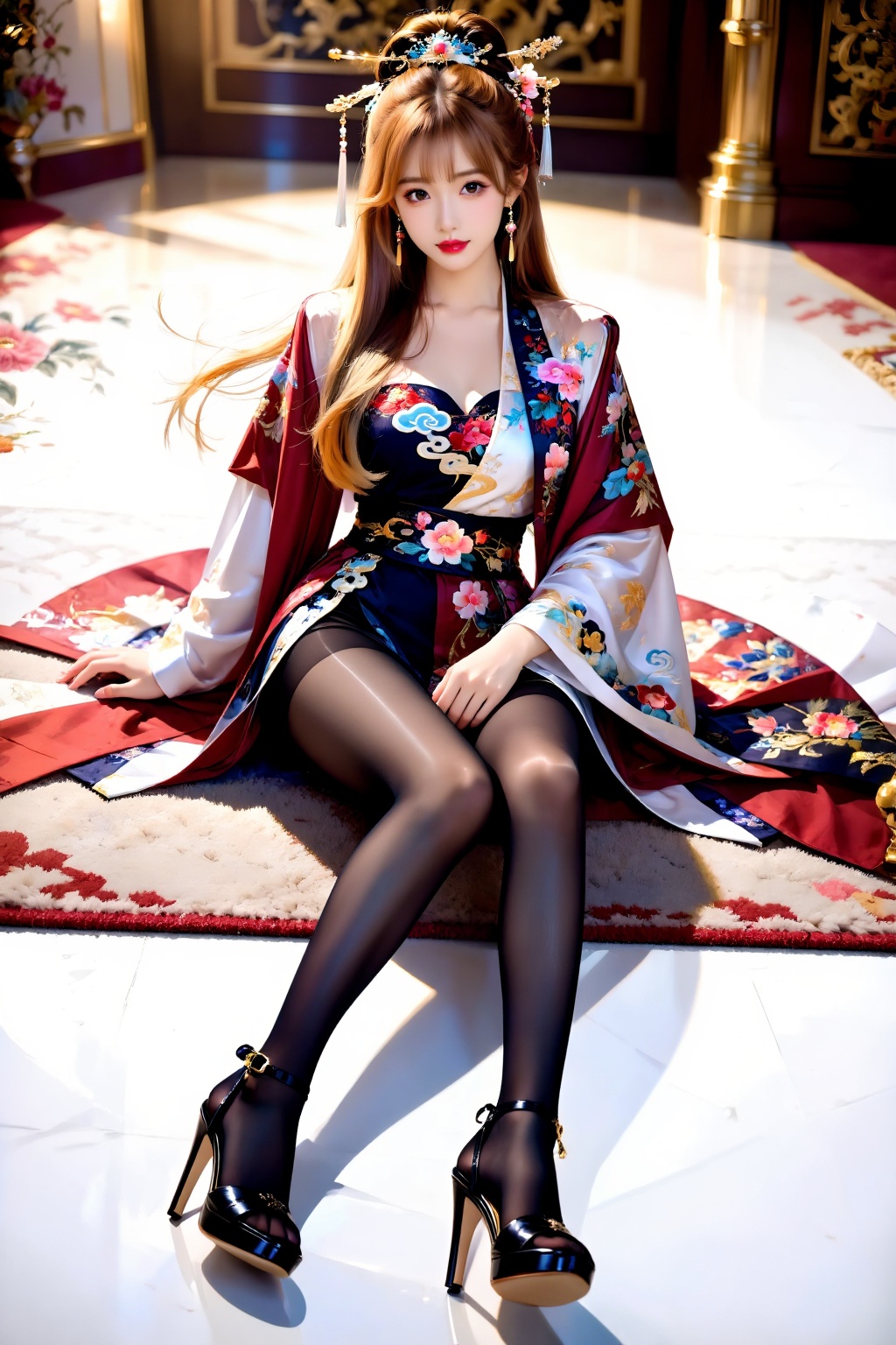 一位面向觀眾的女孩側腿坐在地毯上,  身體保持端正優雅,  臀部完全坐在地毯上 on Tensor.Art