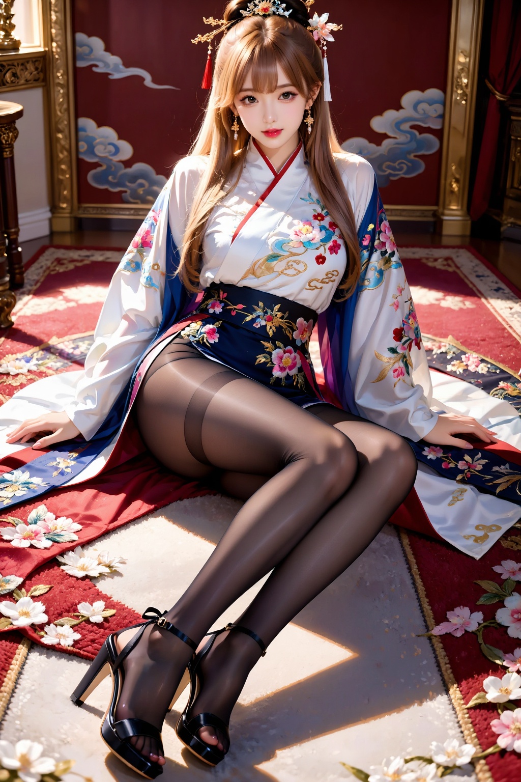 一位面向觀眾的女孩側腿坐在地毯上,  身體保持端正優雅,  臀部完全坐在地毯上 on Tensor.Art