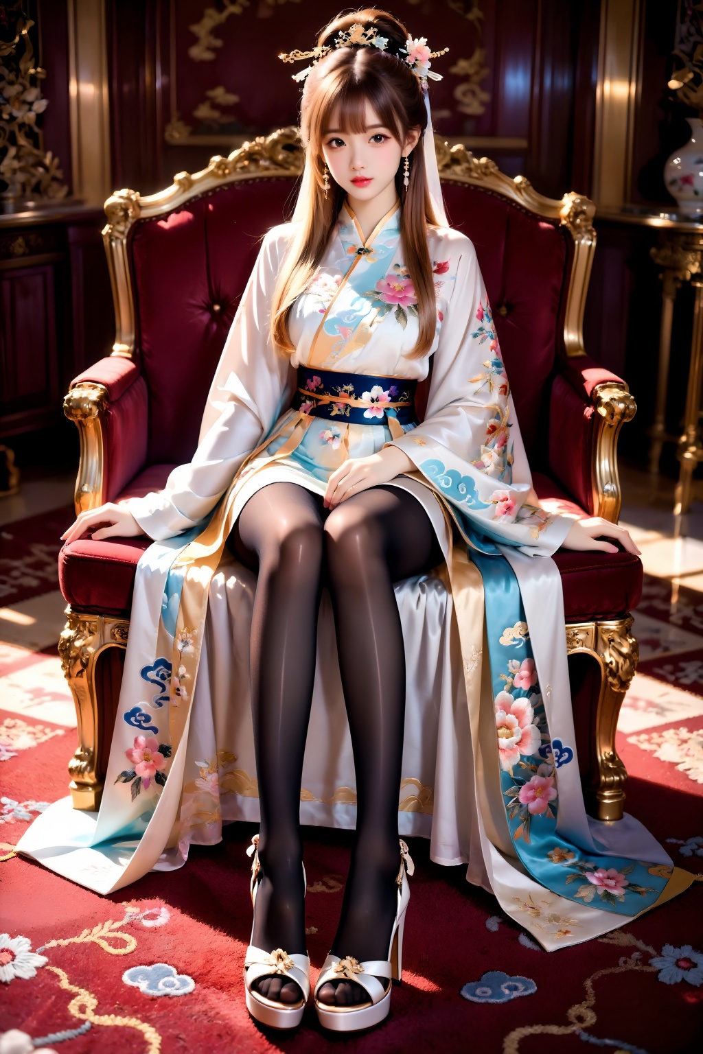 A girl is sitting fully on a wide chair,  both feet on the seat,  knees bent and raised naturally in front of her torso on...