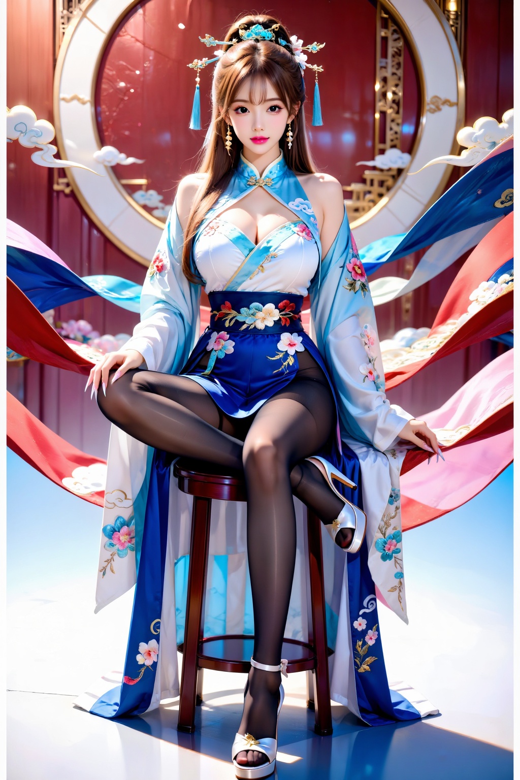 A girl sits cross-legged facing the audience on a high stool,  wearing exquisite hair accessories,  Hanfu (traditional Han...