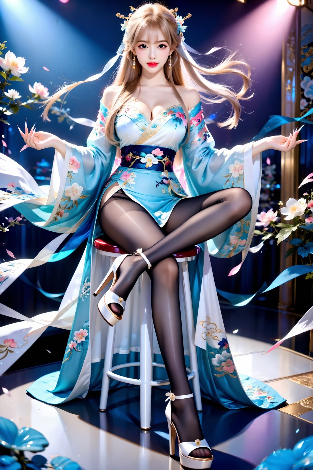 A girl sits cross-legged facing the audience on a high stool,  wearing exquisite hair accessories,  Hanfu (traditional Han...