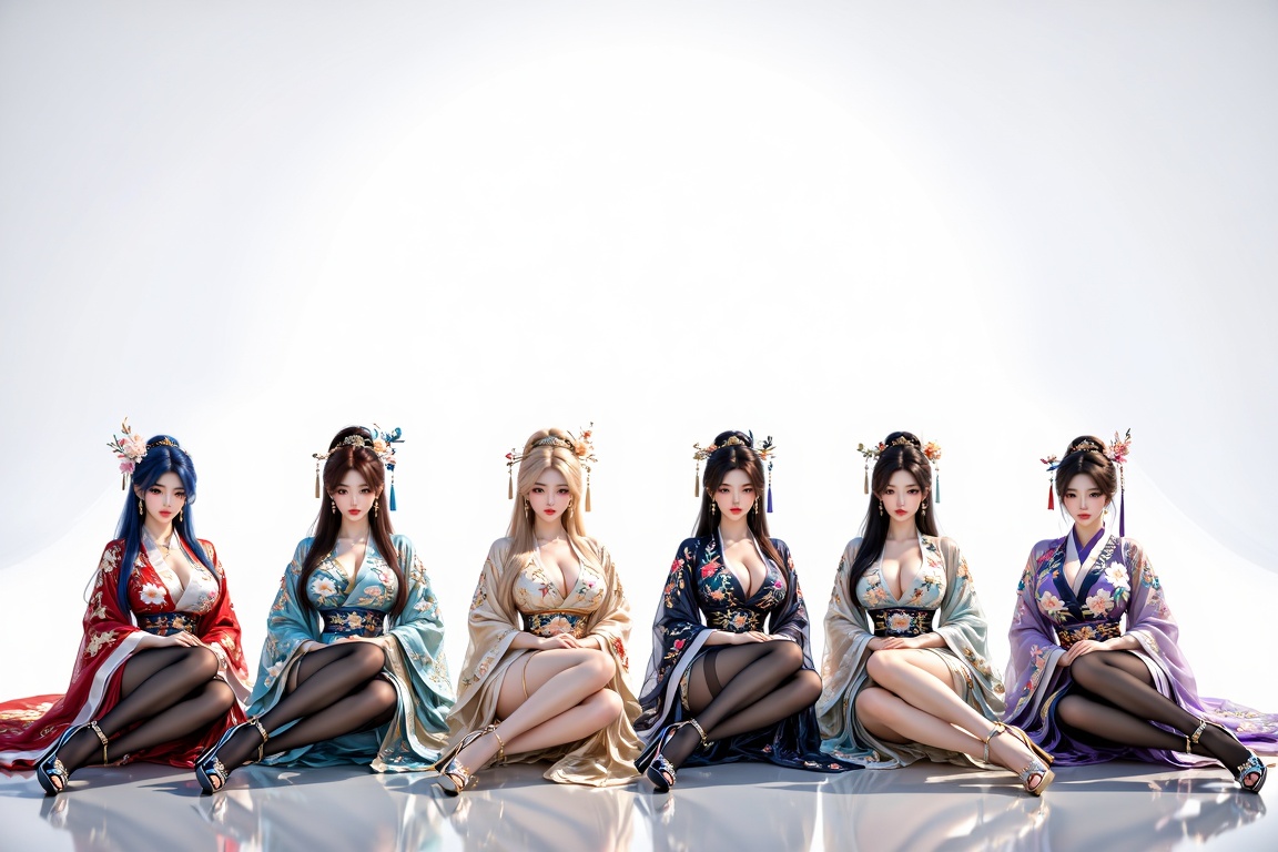 6 girls,  facing the audience,  sit cross-legged on Tensor.Art