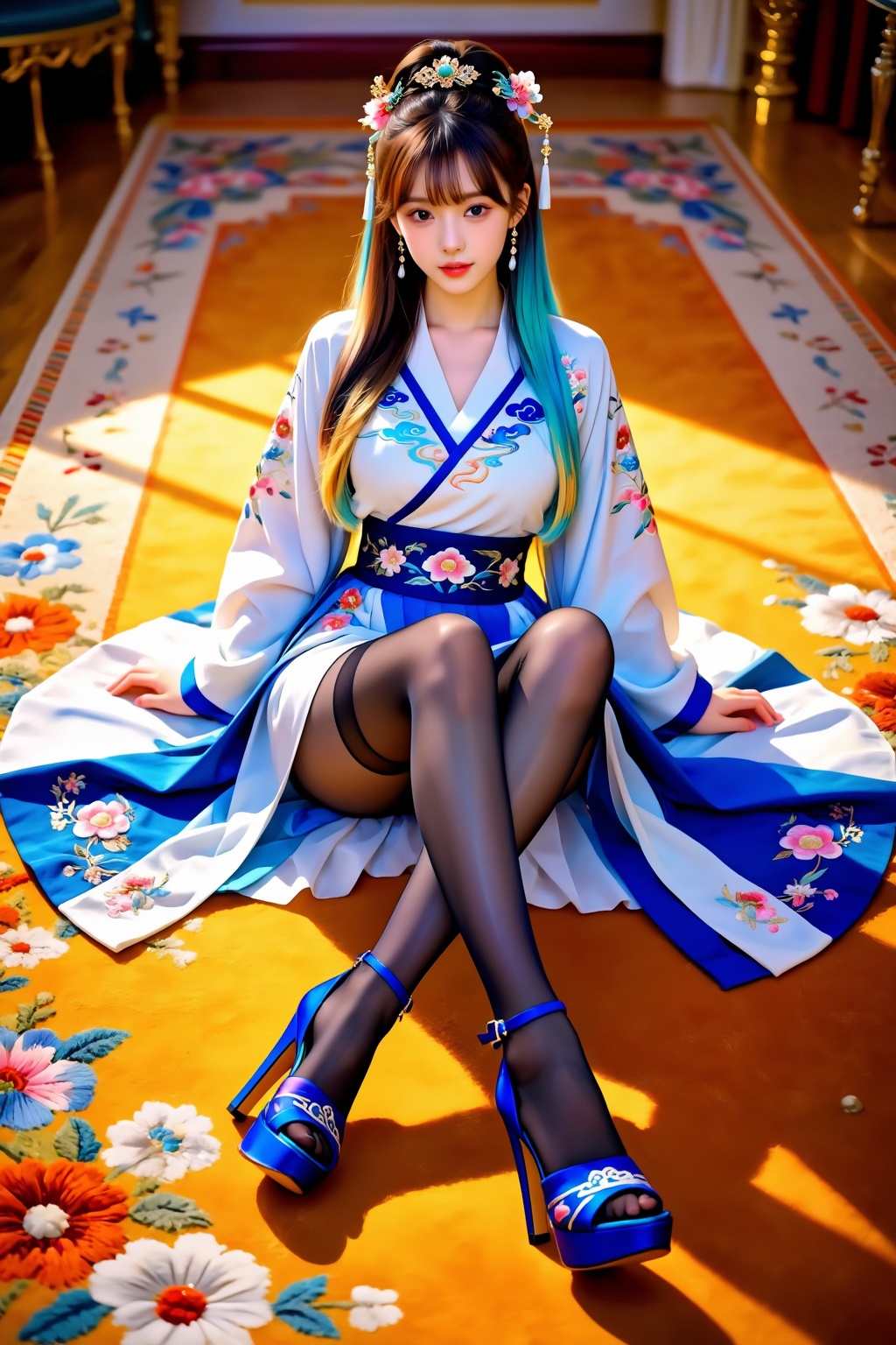 A girl sits cross-legged on a carpet,  facing the viewer. Her legs are naturally bent and crossed in front of her,  her bu...