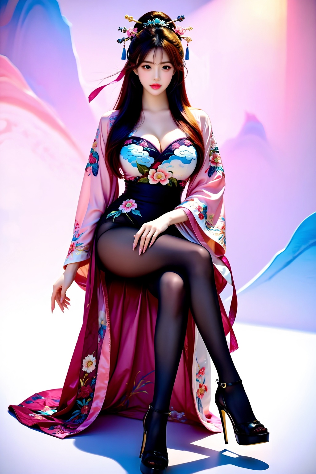 A girl,  facing the audience,  sits cross-legged on Tensor.Art