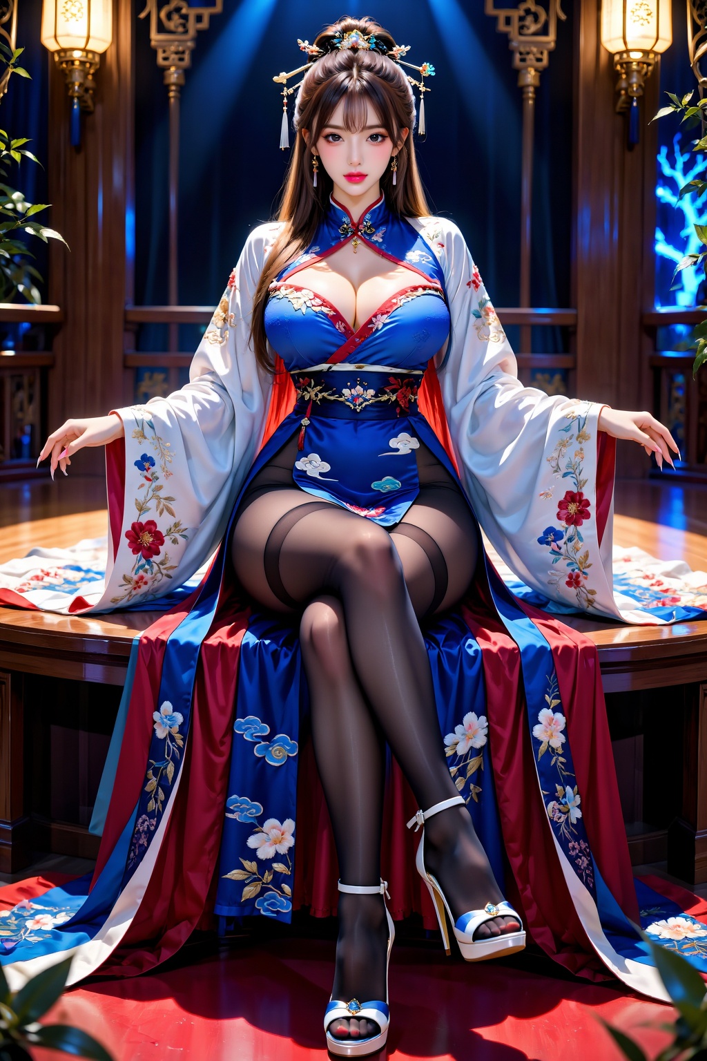 A girl sits cross-legged facing the audience on a high stool,  wearing exquisite hair accessories,  Hanfu (traditional Han...