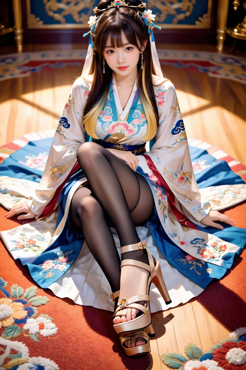 A girl sits facing the viewer on a carpet,  her knees naturally bent and raised close to her body,  legs together on Tenso...