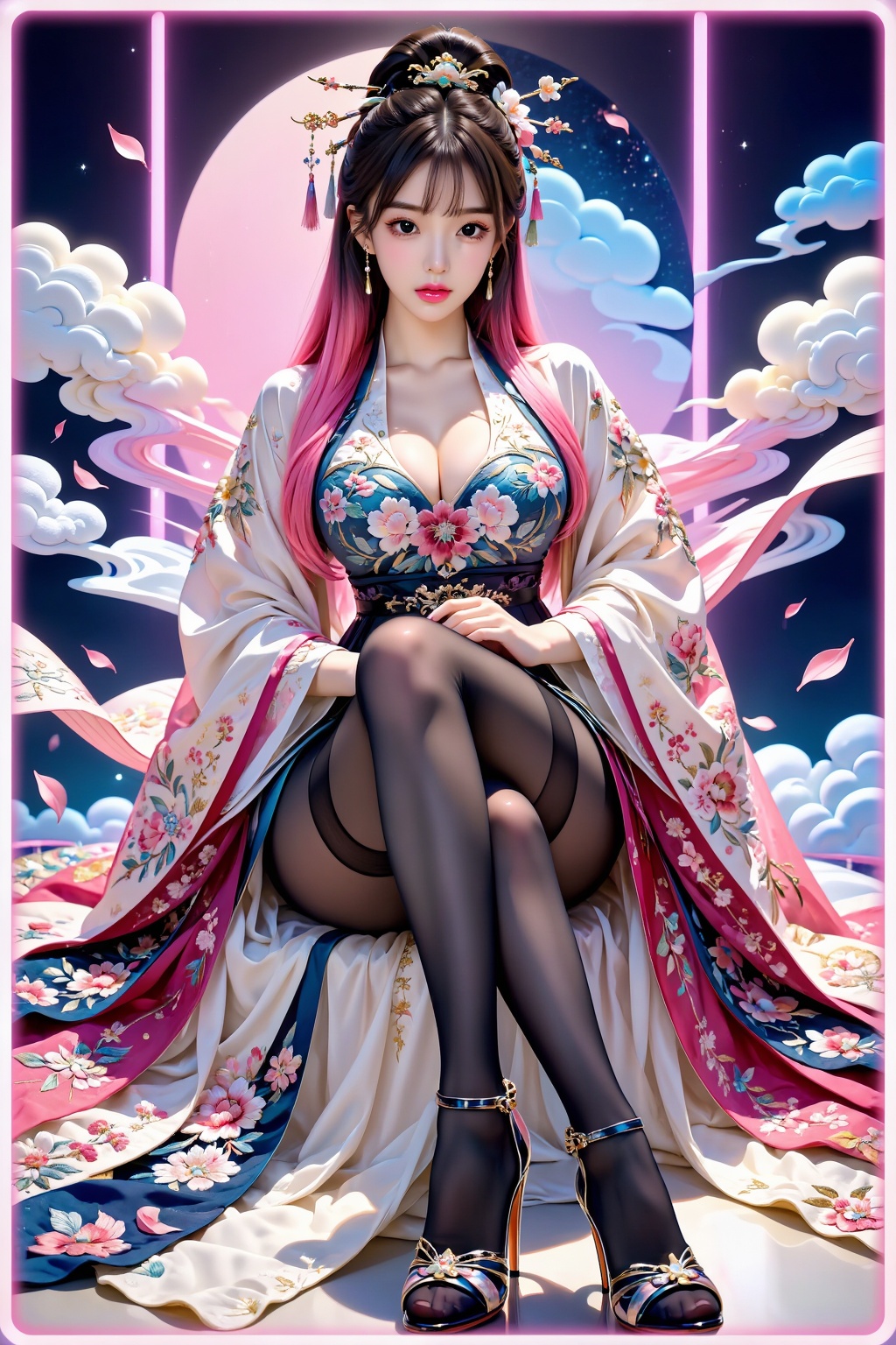 A girl,  facing the audience,  sits cross-legged on Tensor.Art