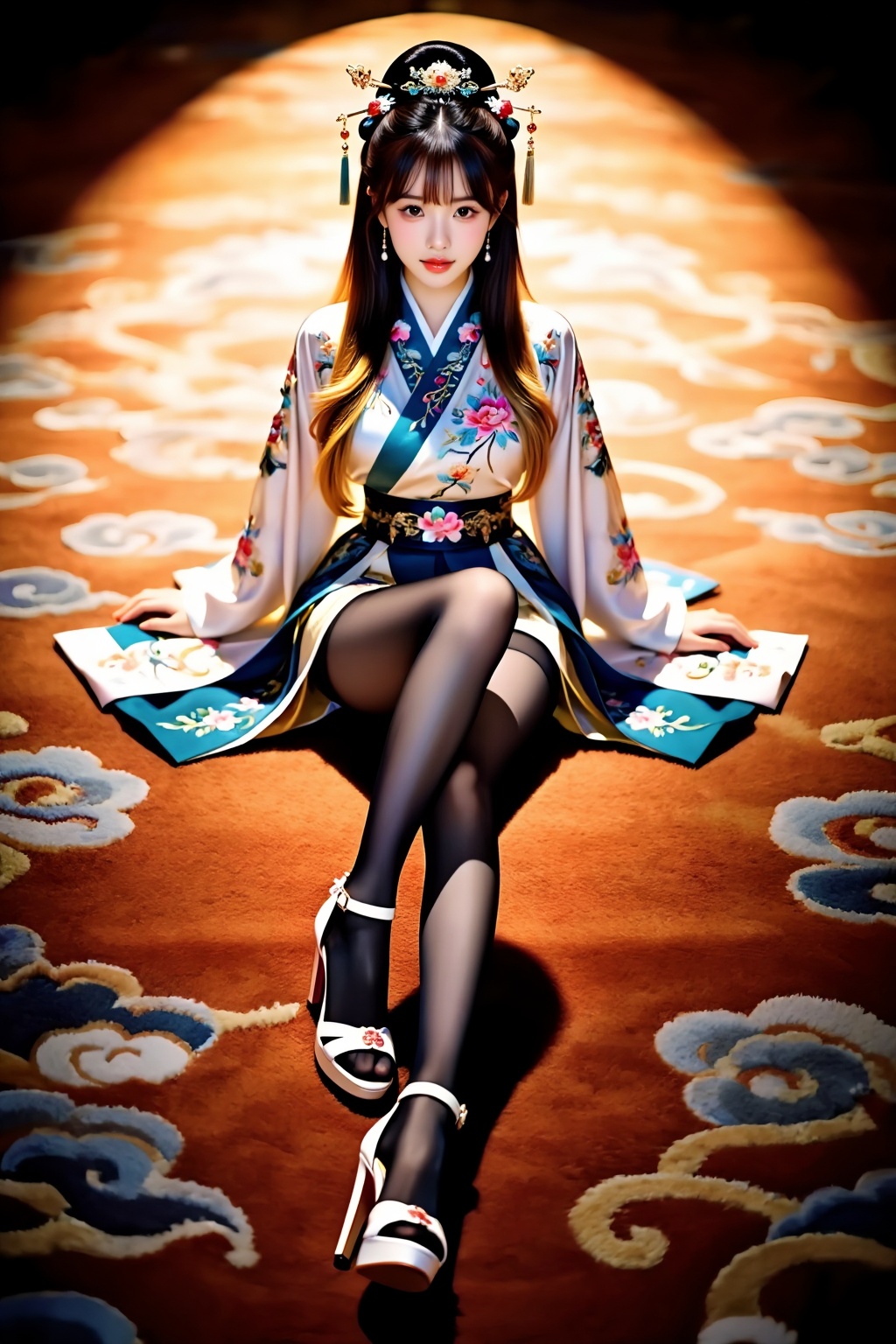 A girl sits cross-legged on a carpet,  facing the viewer. Her legs are naturally bent and crossed in front of her,  her bu...