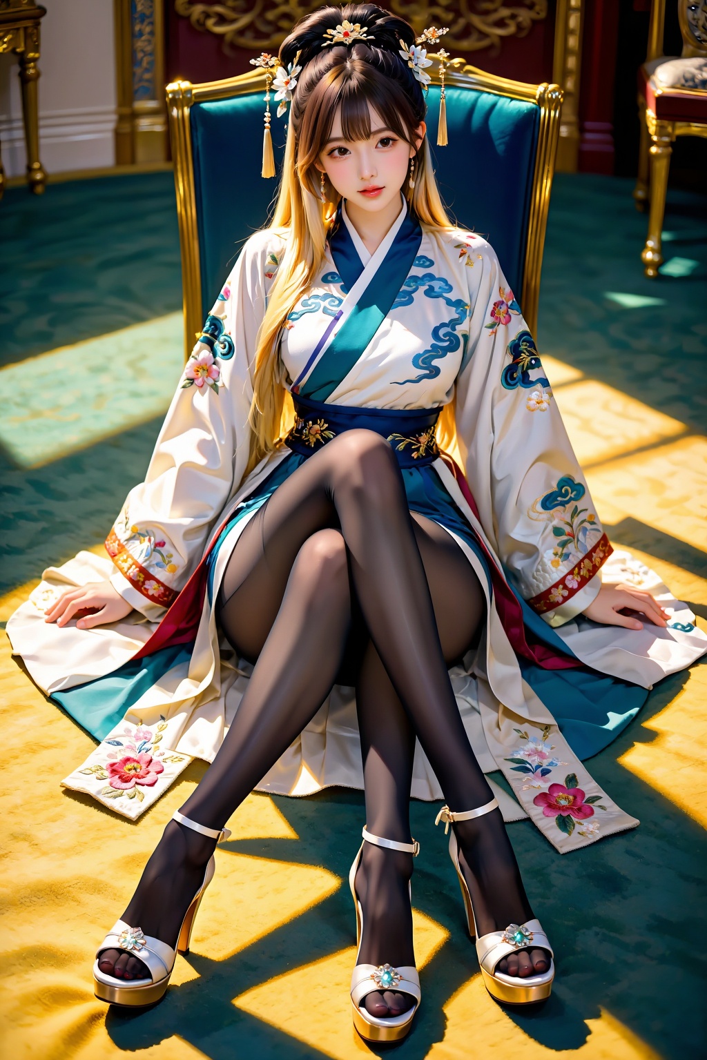 A girl sits fully on a wide chair,  her legs folded on the seat in a relaxed,  cross-legged sitting pose. Both knees are b...