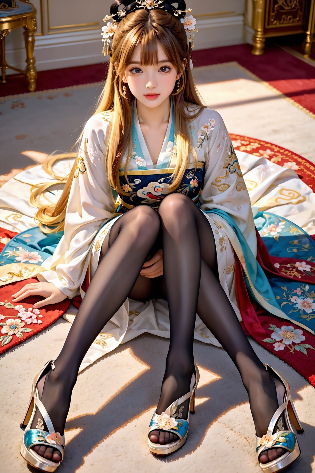 A girl sits facing the viewer on a carpet,  her knees naturally bent and raised close to her body,  legs together on Tenso...