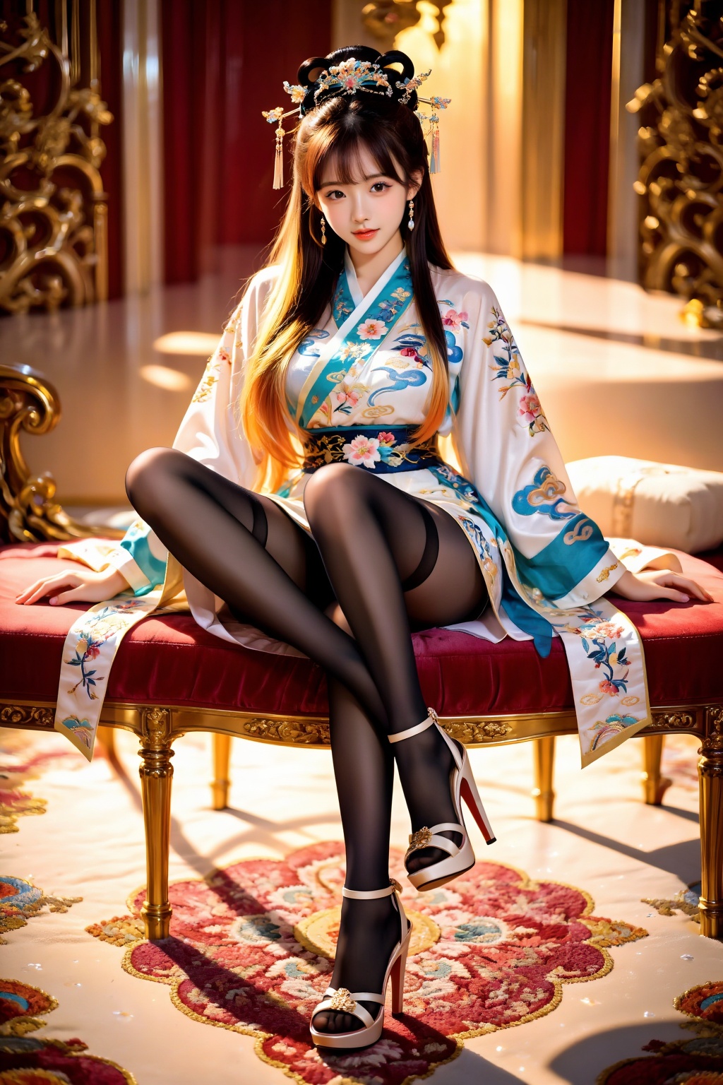 A girl sits fully on a wide chair,  her legs folded on the seat in a relaxed,  cross-legged sitting pose. Both knees are b...