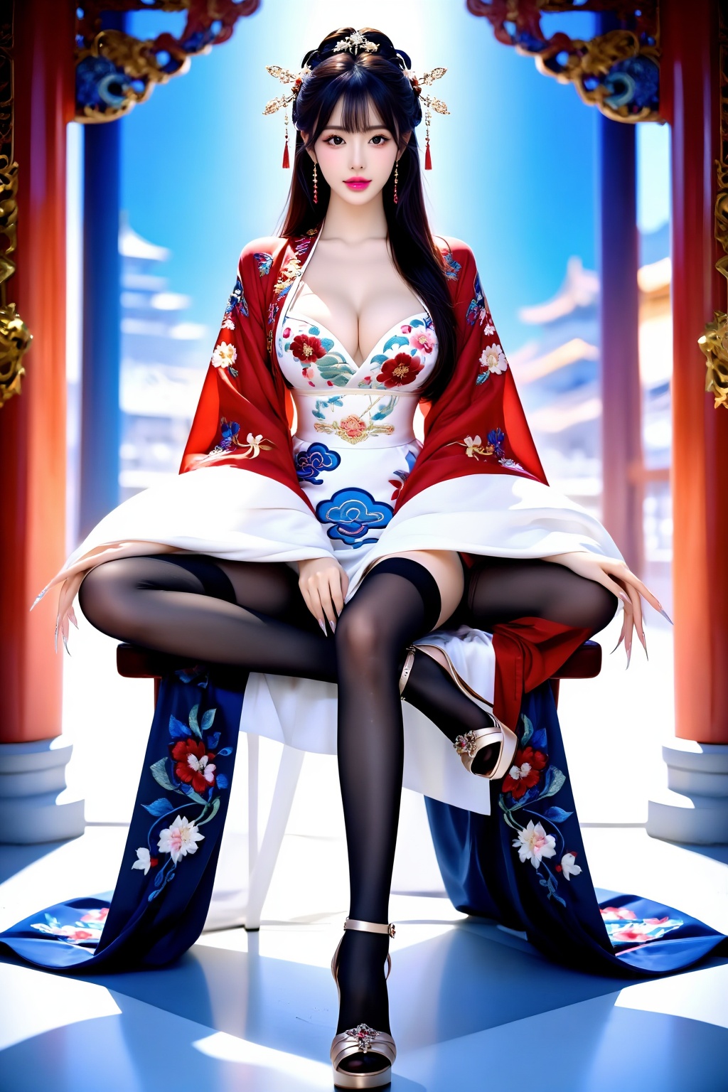 A girl sits cross-legged facing the audience on a high stool,  wearing exquisite hair accessories,  Hanfu (traditional Han...