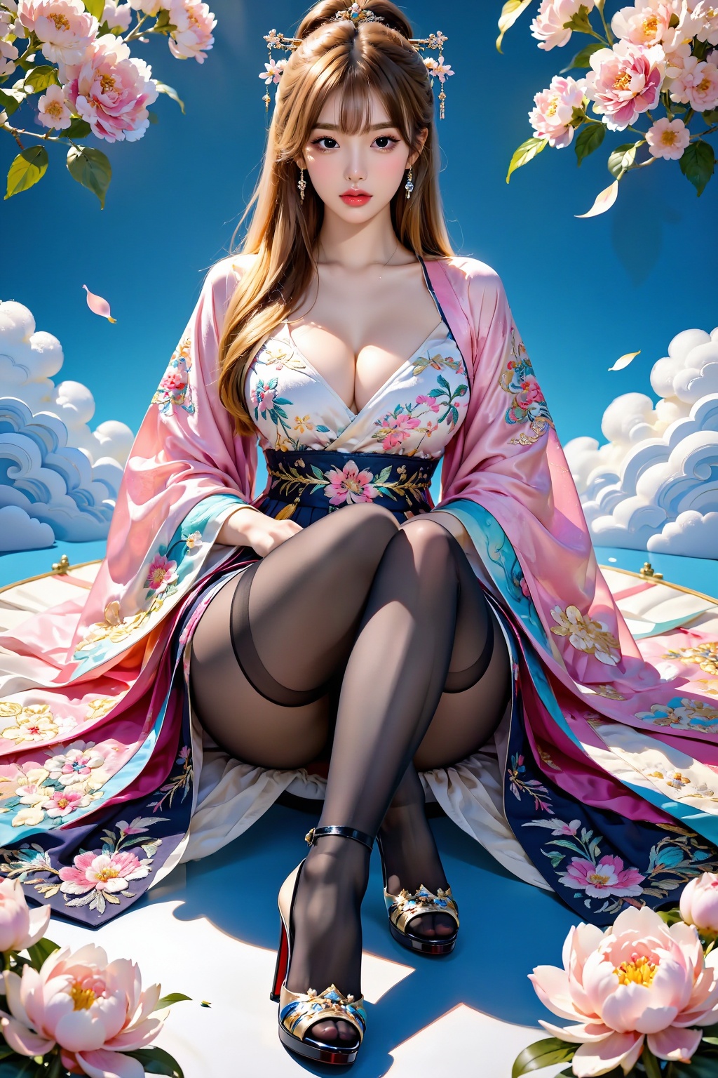 A girl,  facing the audience,  sits cross-legged on Tensor.Art