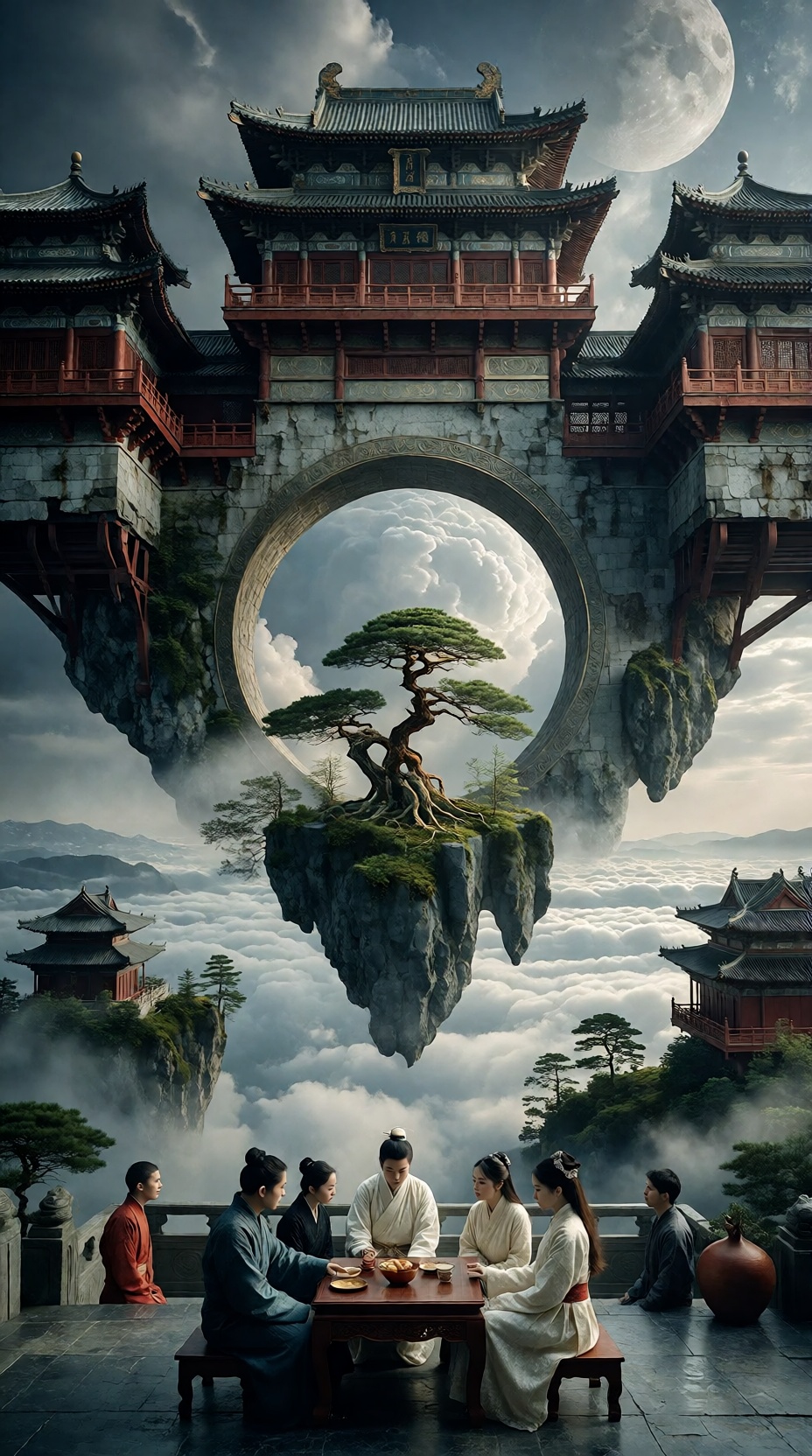 Cinematic ultra-wide shot with distant environmental framing,  capturing monumental Chinese palace structures suspended ab...