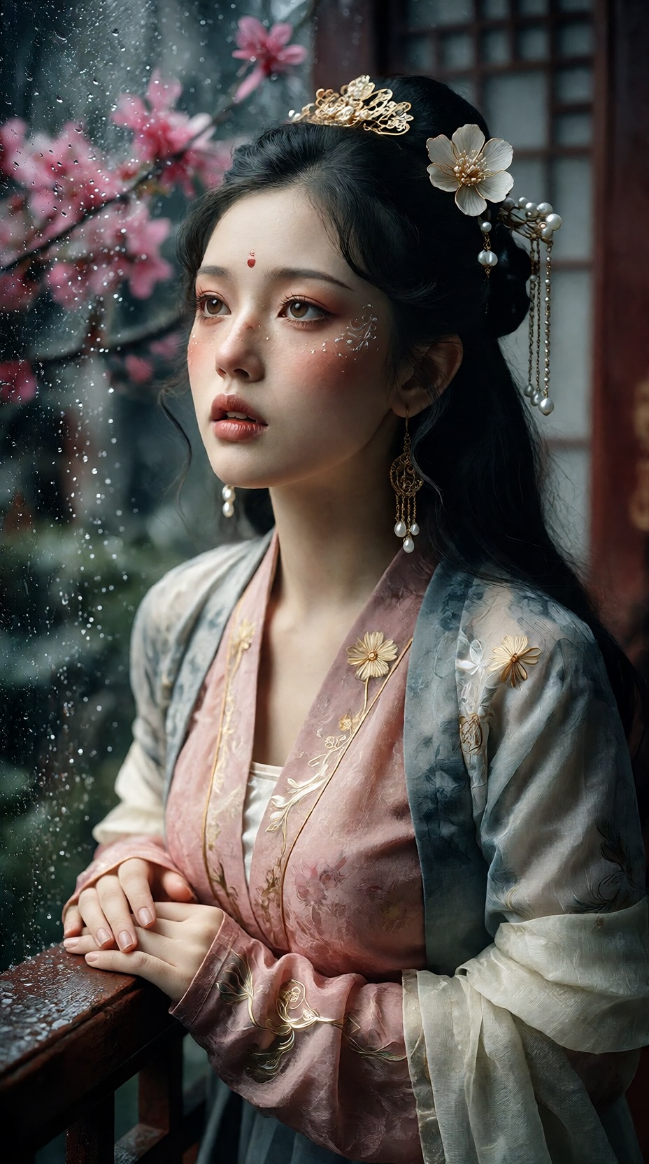 主题风格： 古风回廊情绪美妆照身份气质： 闺阁贵女,  柔美、含蓄、若有所思、带一点惆怅妆感目标： 夕棠绢雨微醺妆五官方向： 氛围美人脸,  面部比例协调 on Tensor.Art