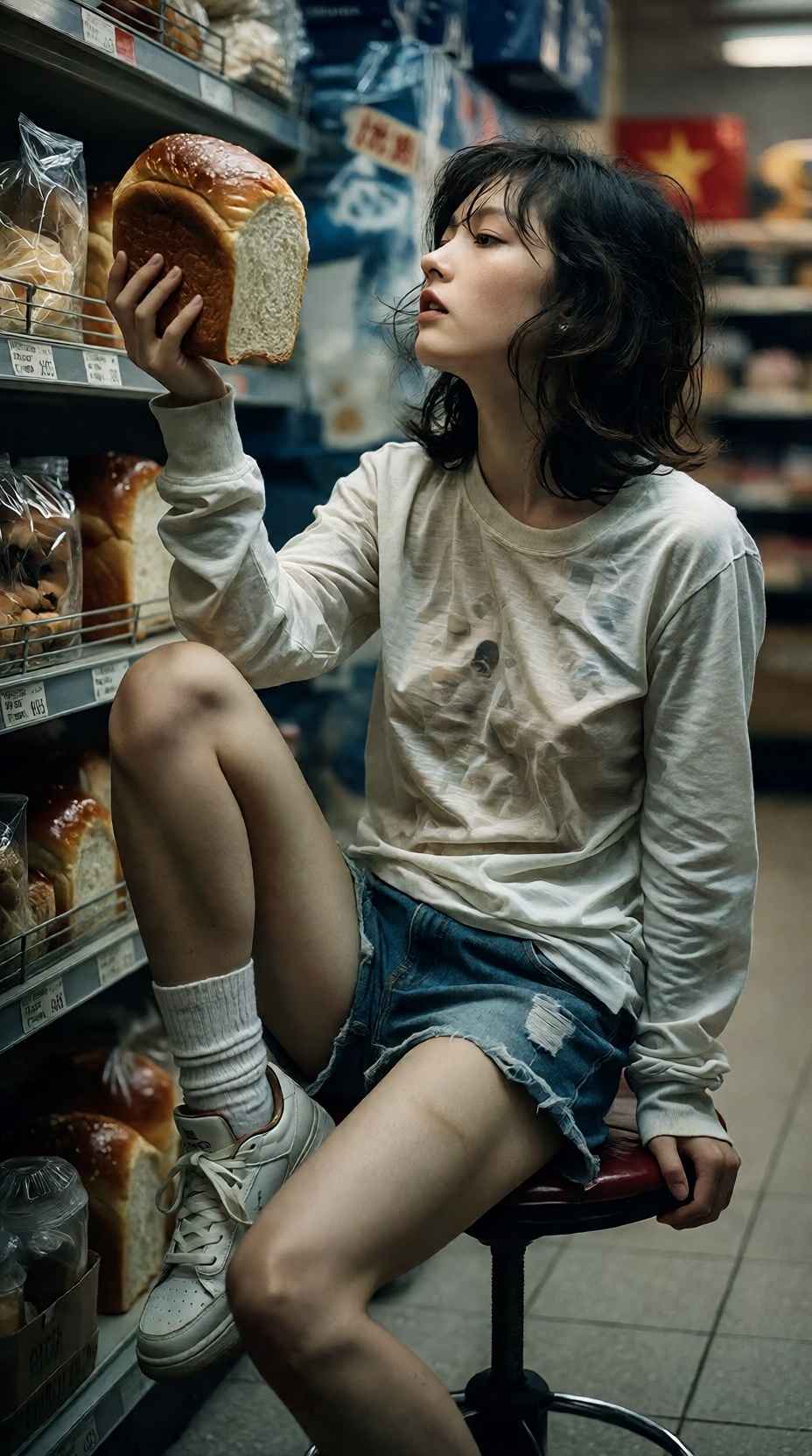 请营造在便利店偶然瞥见的美女挑选面包的氛围。服装略显凌乱,  带有真实的褶皱和松弛感,  透出一种松散的气息。她完全没有察觉到镜头 on Tensor.Art