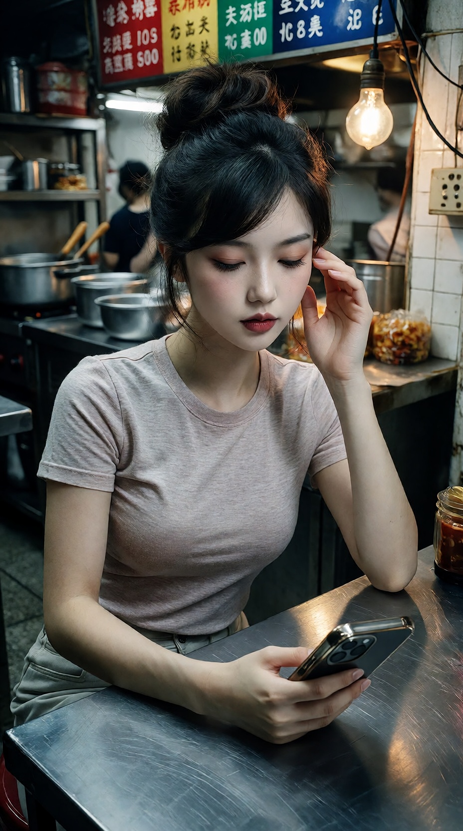 一张写实电影感的垂直人像,  主角是一位二十出头、大约20岁的年轻女子,  坐在一家小型繁忙的传统台湾风格小吃店内的一张不锈钢桌子旁。她的种族未指明 on Tensor.Art