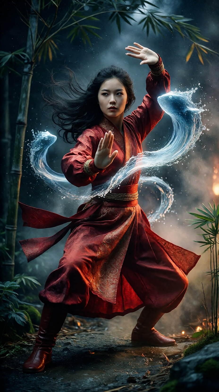 cinmeatic realism. Cinematic vertical medium-full shot of a female spirit weaver in flowing red silk robes,  performing a...