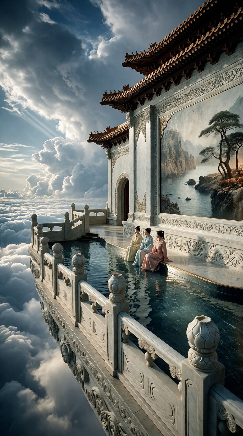 CGI,  Cinematic ultra-wide shot with extreme aerial perspective,  capturing a monumental palace terrace suspended above a...
