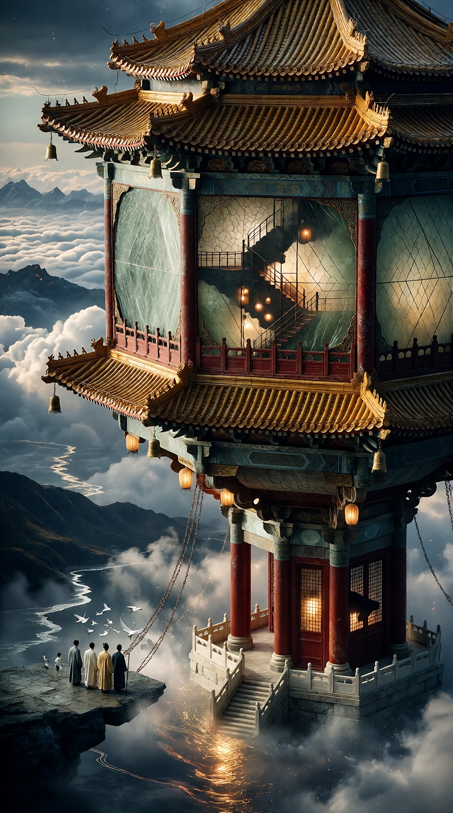CGI,  midjourney,  A colossal Chinese ancient-style celestial palace-lantern megastructure hangs in a boundless cloud sea...