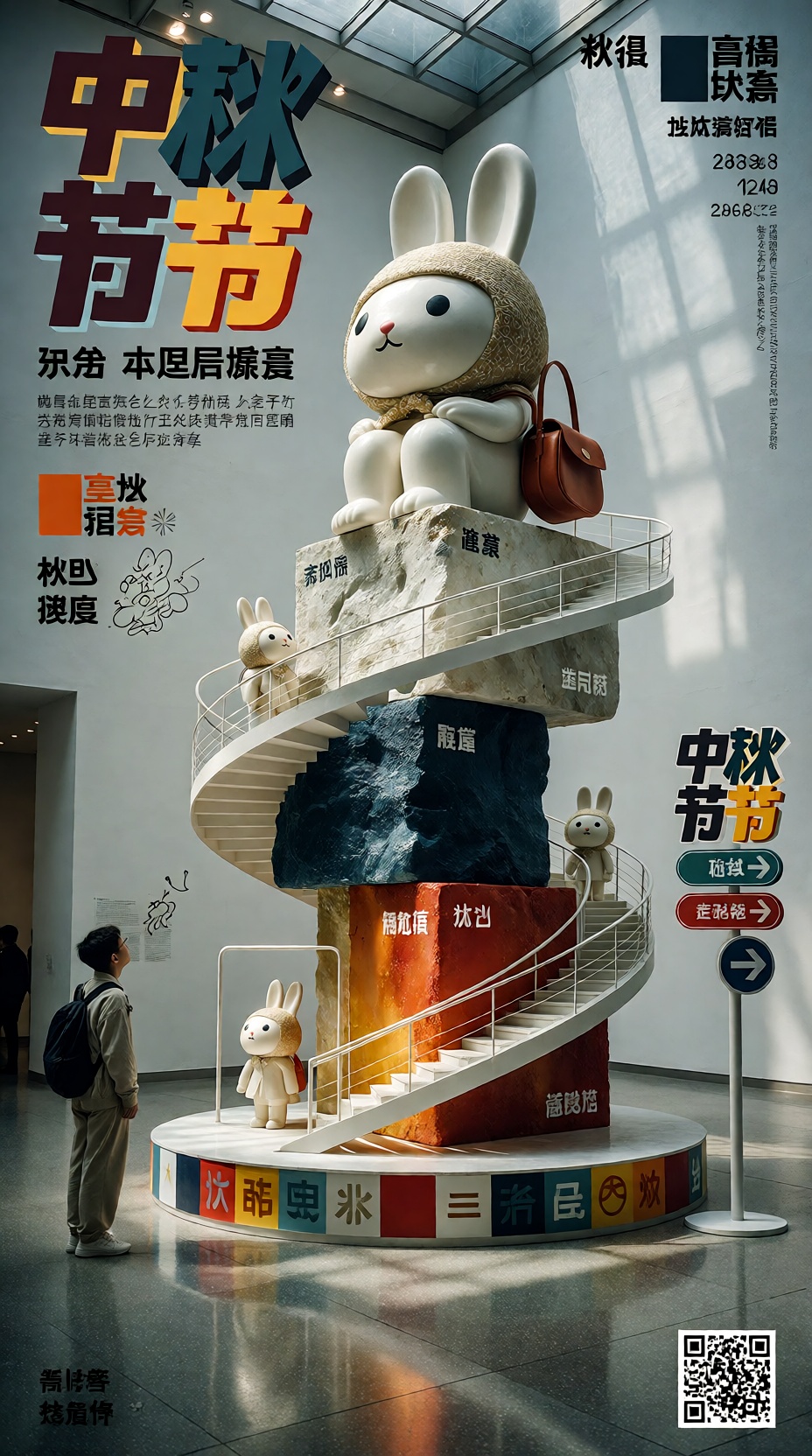 在一座高挑、近乎全白的美术馆中庭里,  拍一张展览海报：圆形展台上立着纪念碑式装置,  几块超大日常物件错位叠成建筑 on Tensor.Art