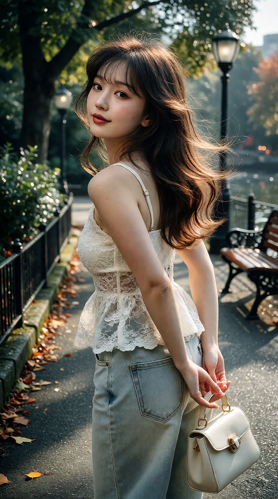 将上传的参考图像作为对明显的成年日本女性的面部、发型、发色/长度、身材比例、服装、姿势、镜头角度、构图、公园场景和光影的严格首要且最高优先级的视觉参考。如果以下任何内容与参考图像发生冲突,  请始终遵循上传的参考图像。 创作一张超写实真人iPh...