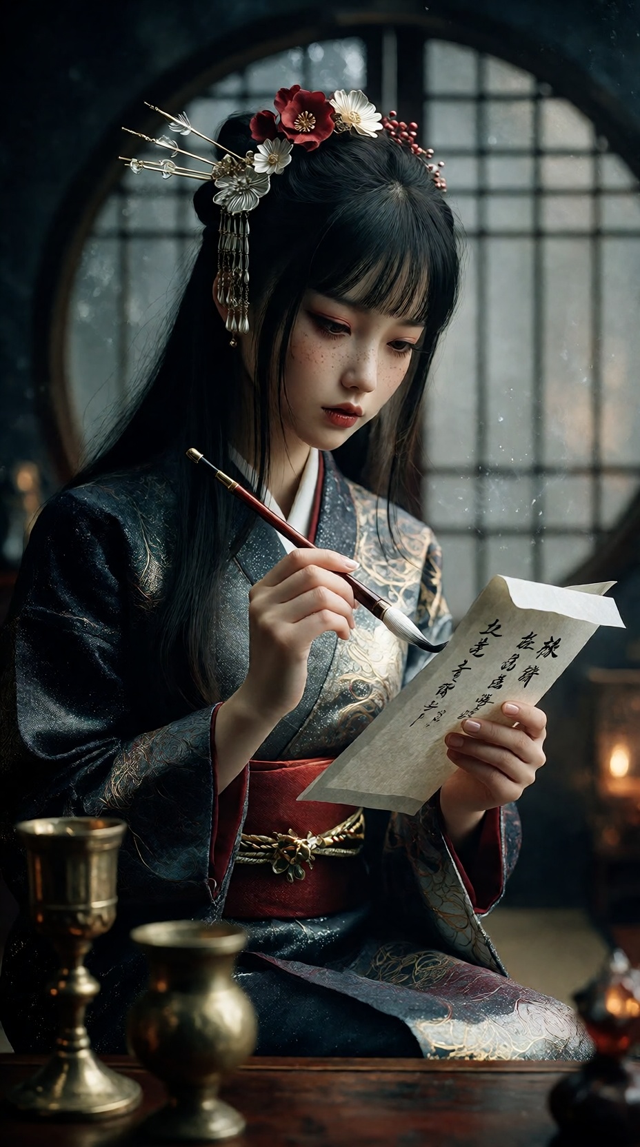 CGI,  This is a digital painting depicting a young East Asian woman with a fair complexion and delicate features,  sitting...
