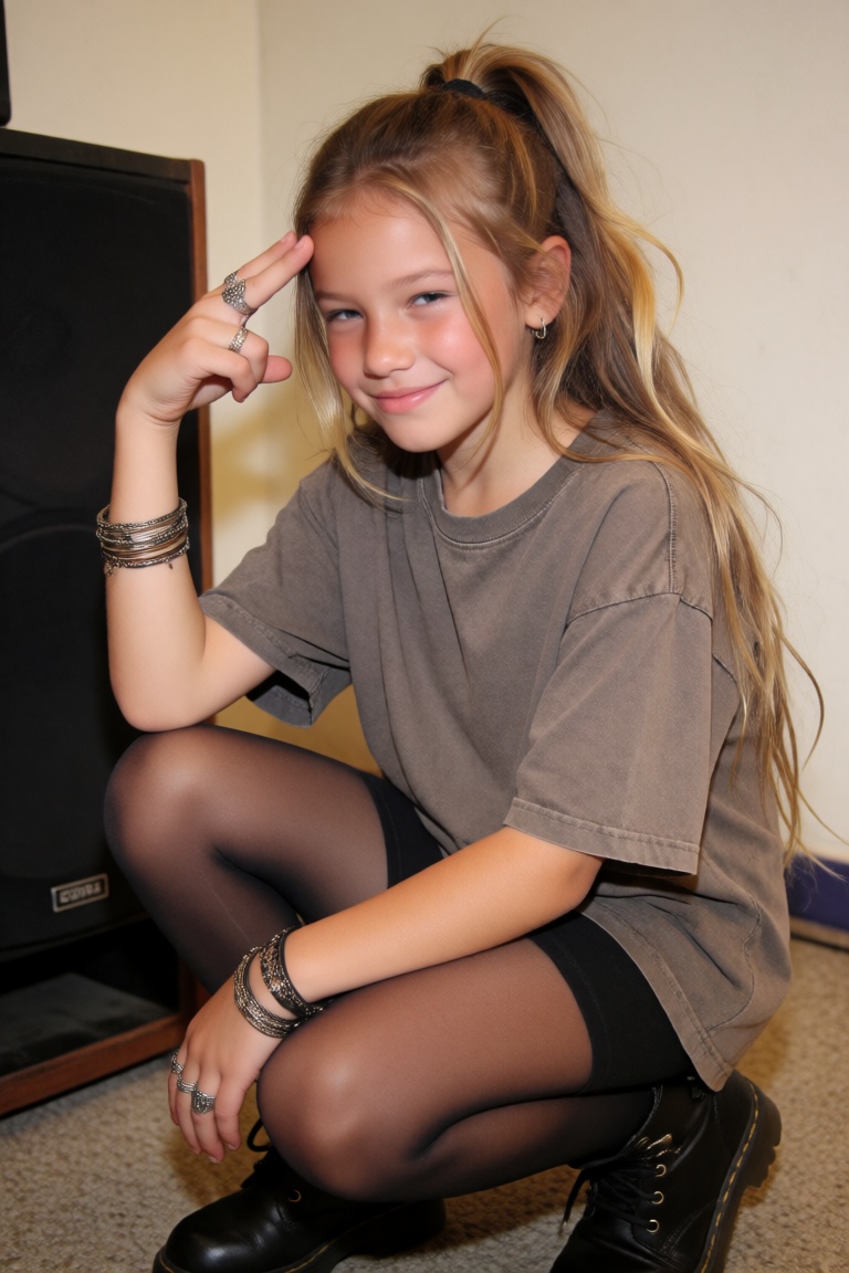 SamiraX,  A photorealistic girl crouching low on the floor beside a large speaker in a simple apartment living room. She h...